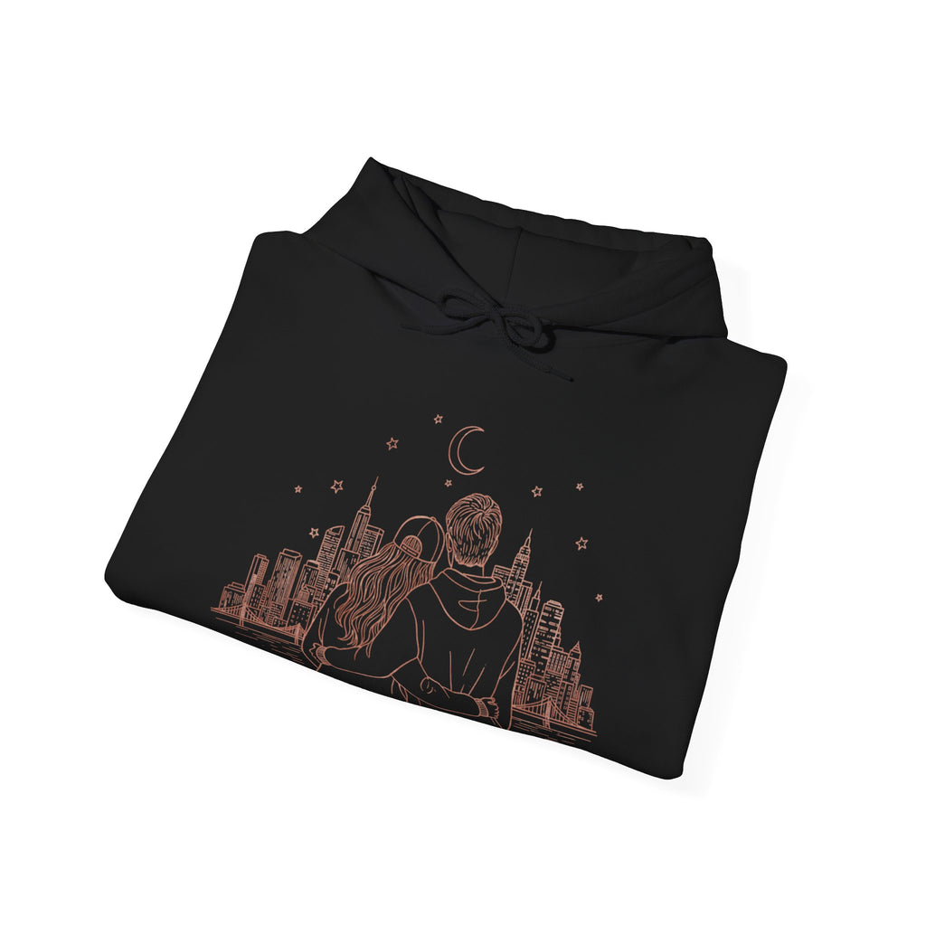 Calm City Meditation Hoodie — Zen Seated Figure Skyline Design