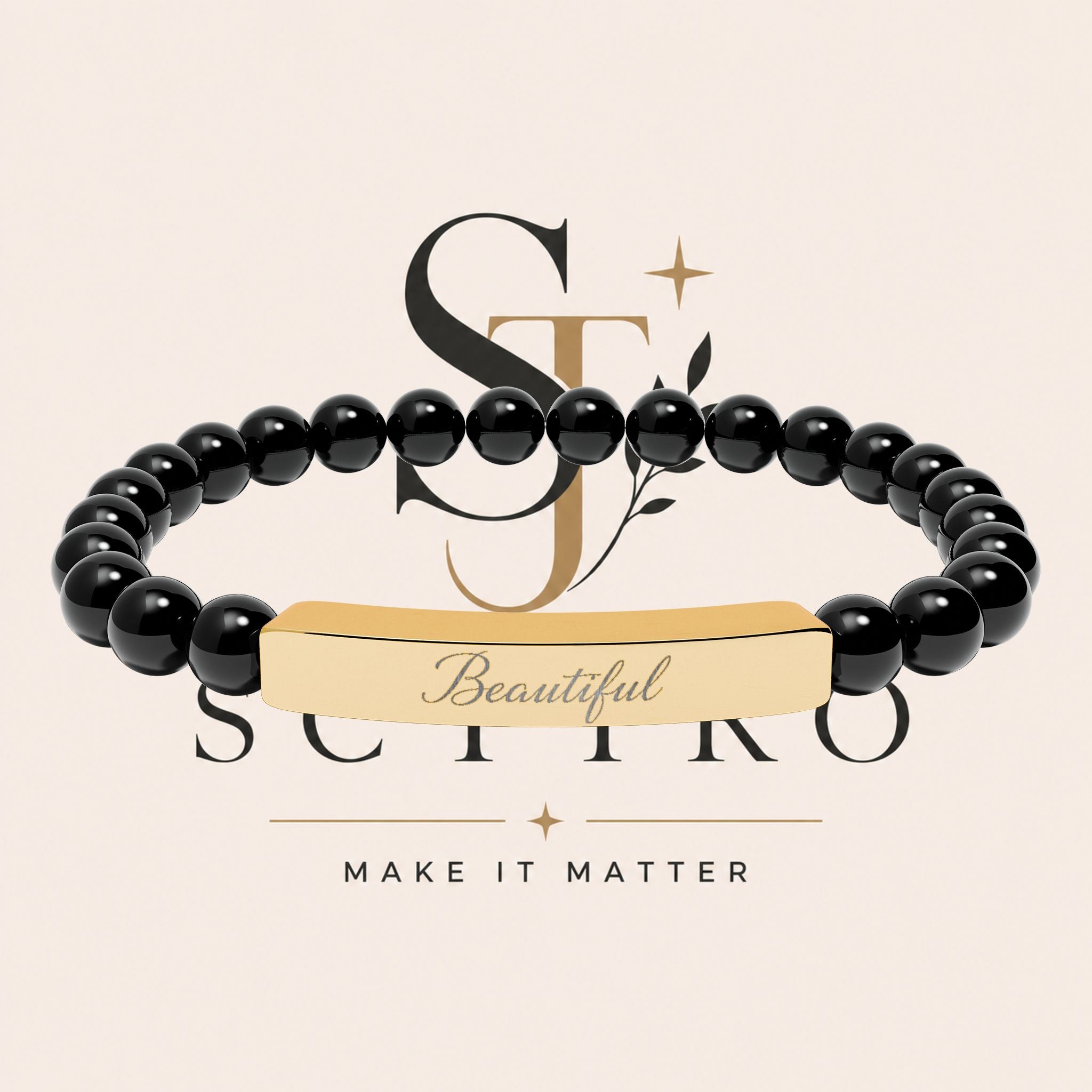 Engraved Natural Stone Bar Bracelet — Personalized Stretch Beaded Bracelet