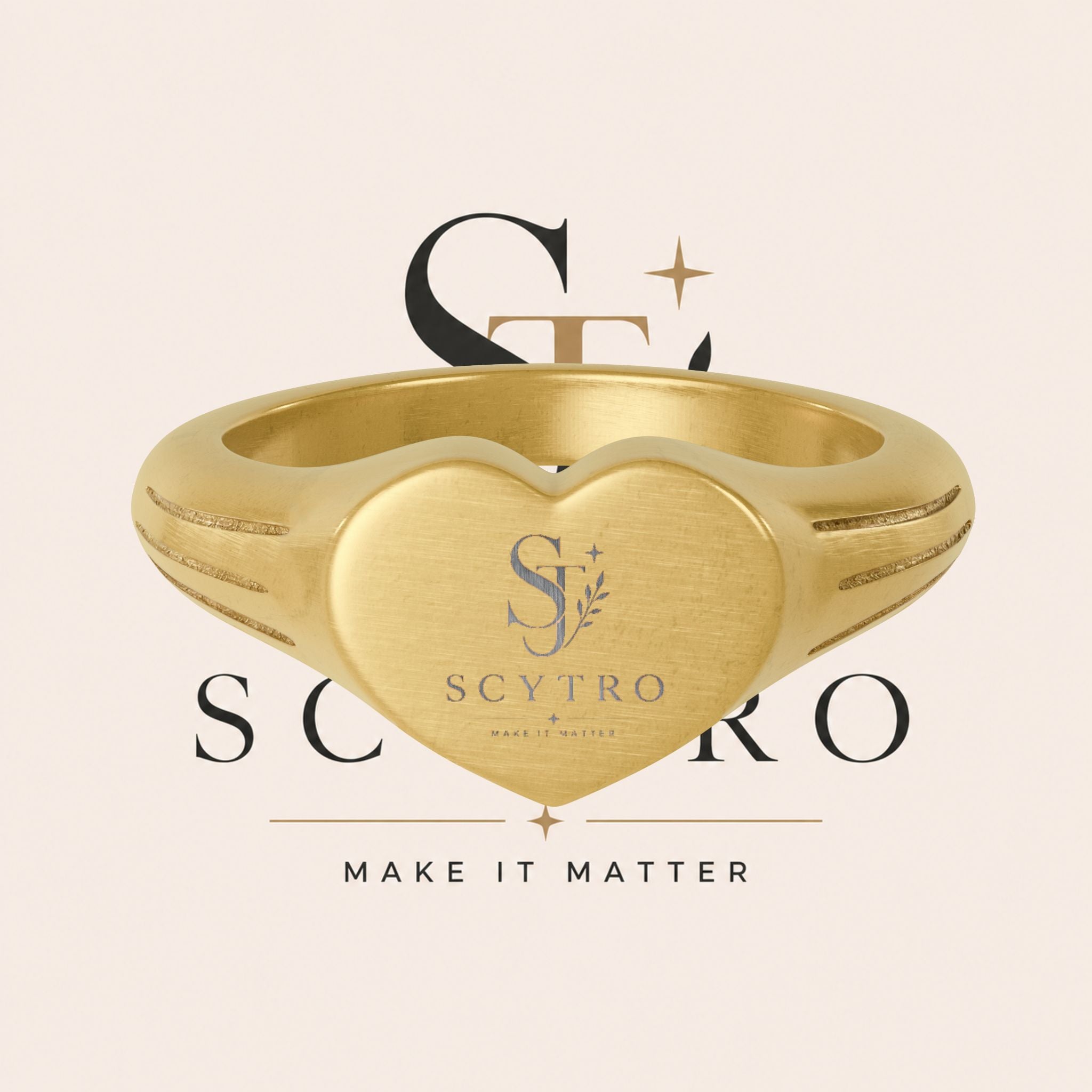 Gold Stainless Steel Heart Signet Ring — Engravable Personalized Jewelry