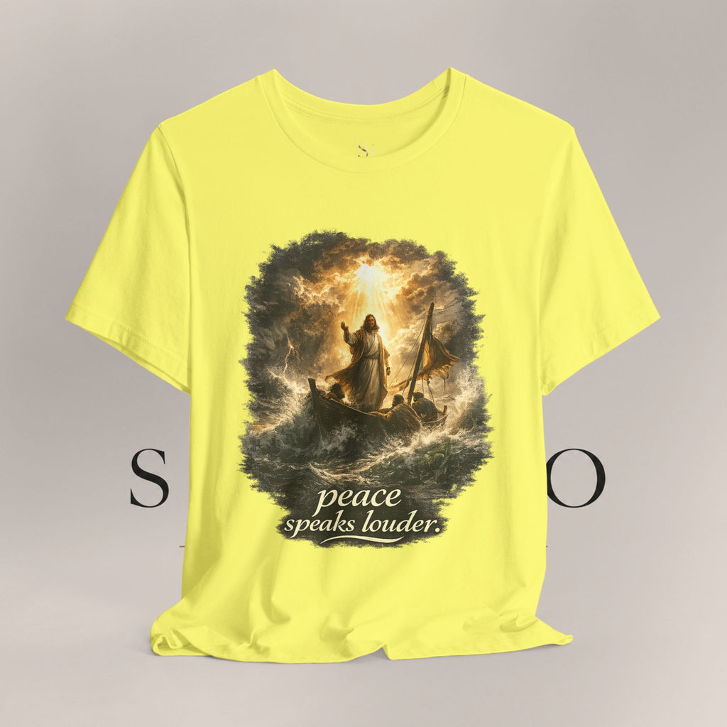 Peace Speaks Louder Christian T‑Shirt — Jesus Calming the Storm Faith Tee
