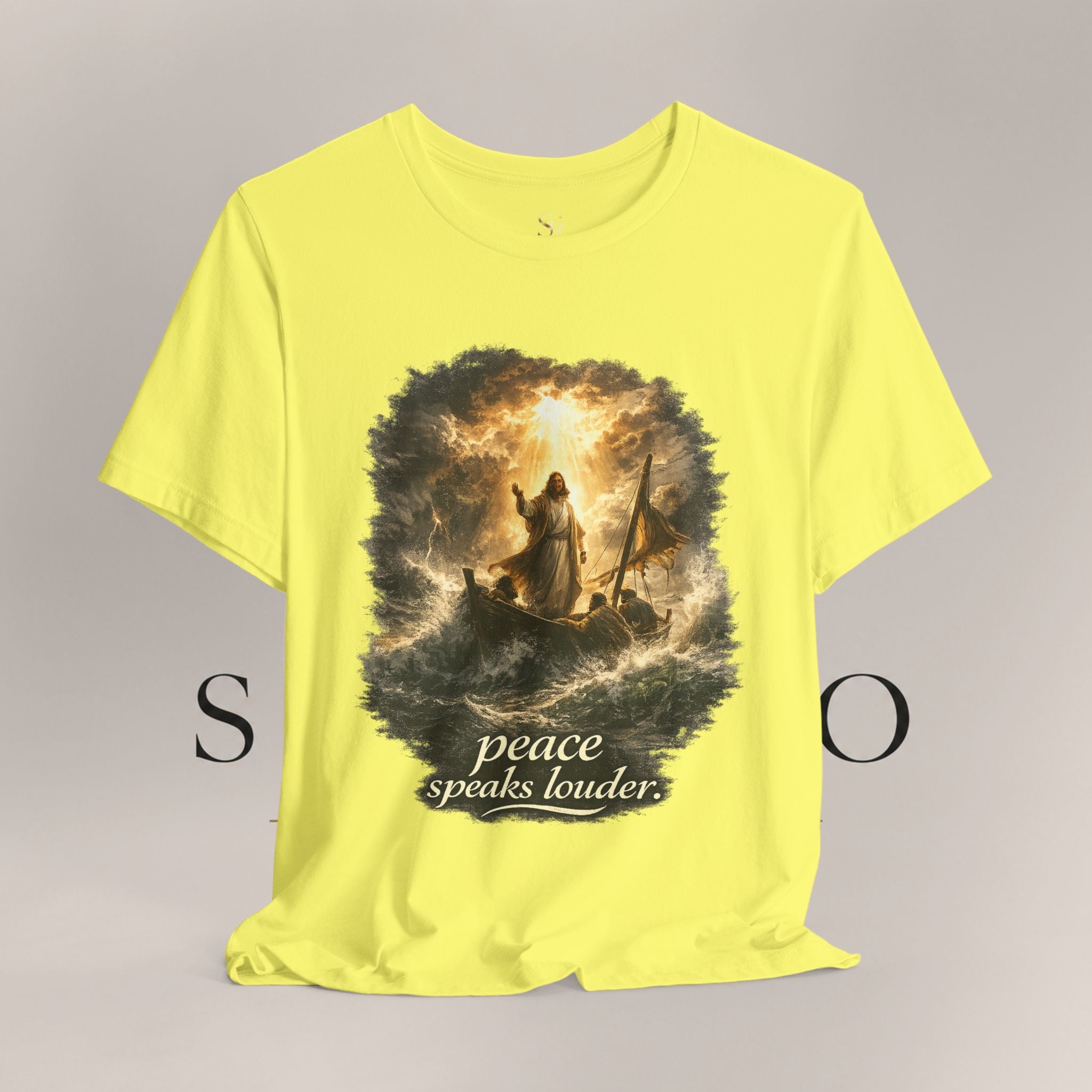 Peace Speaks Louder Christian T‑Shirt — Jesus Calming the Storm Faith Tee