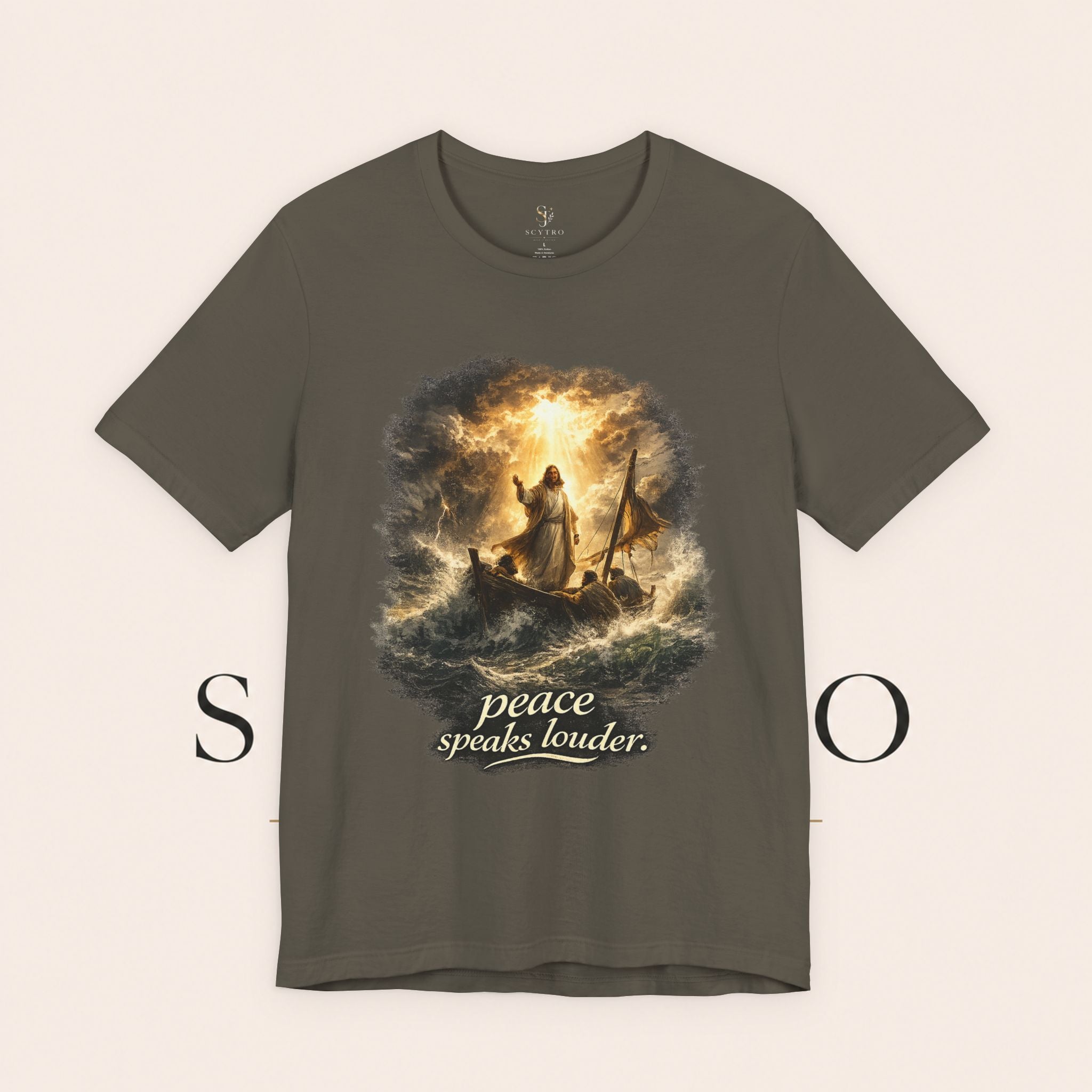 Peace Speaks Louder Christian T‑Shirt — Jesus Calming the Storm Faith Tee