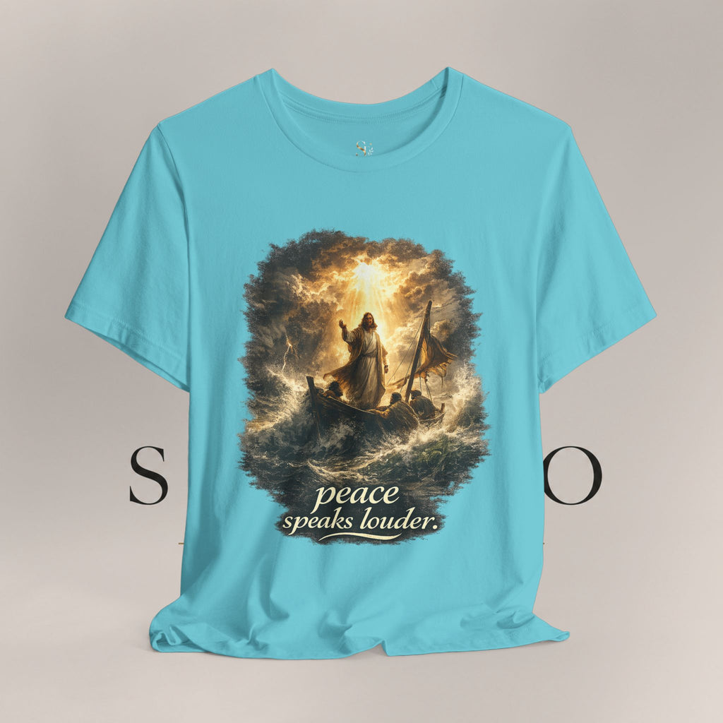 Peace Speaks Louder Christian T‑Shirt — Jesus Calming the Storm Faith Tee