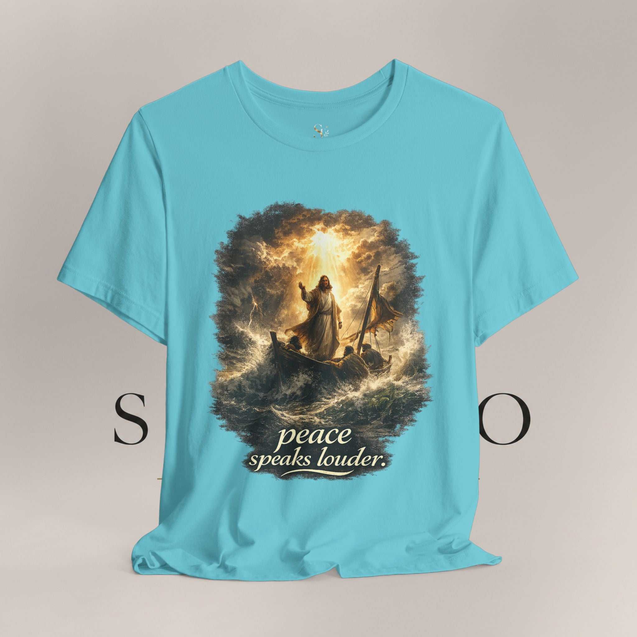 Peace Speaks Louder Christian T‑Shirt — Jesus Calming the Storm Faith Tee