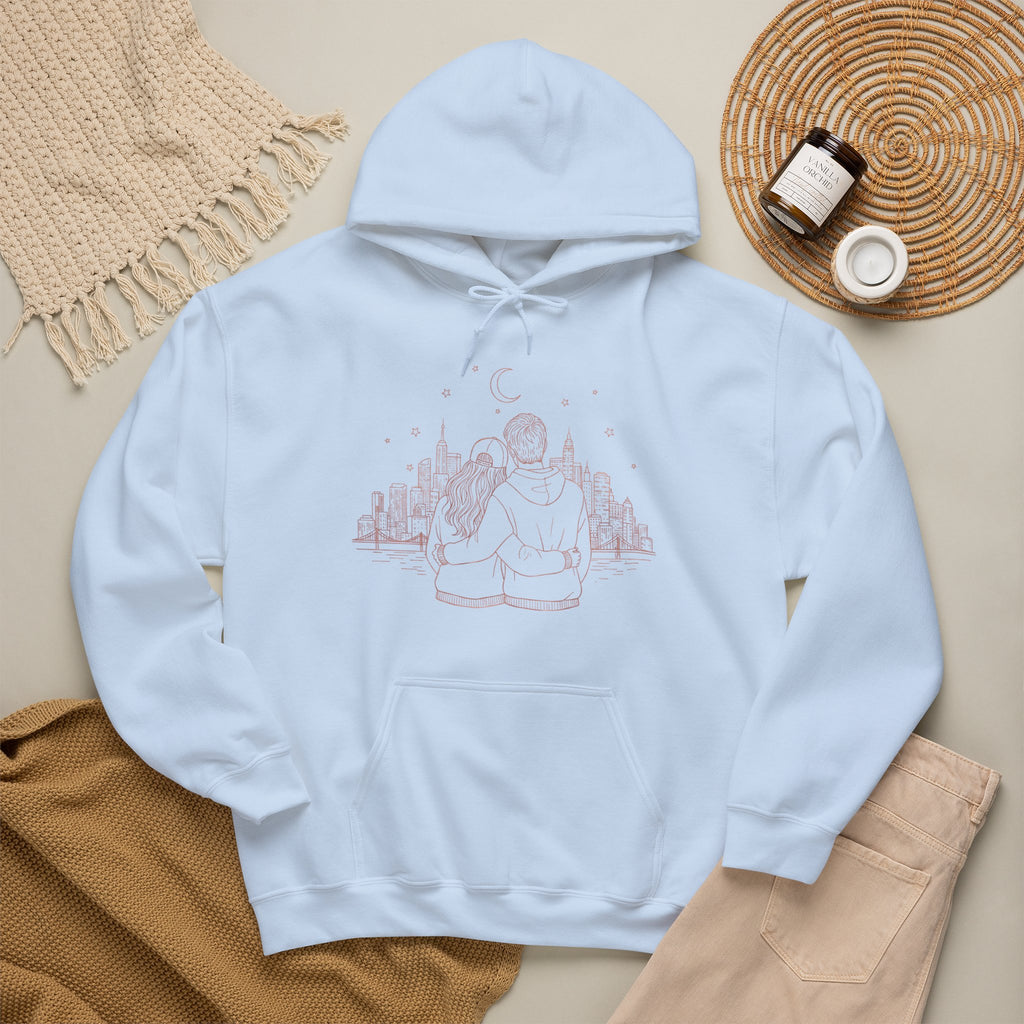 Calm City Meditation Hoodie — Zen Seated Figure Skyline Design