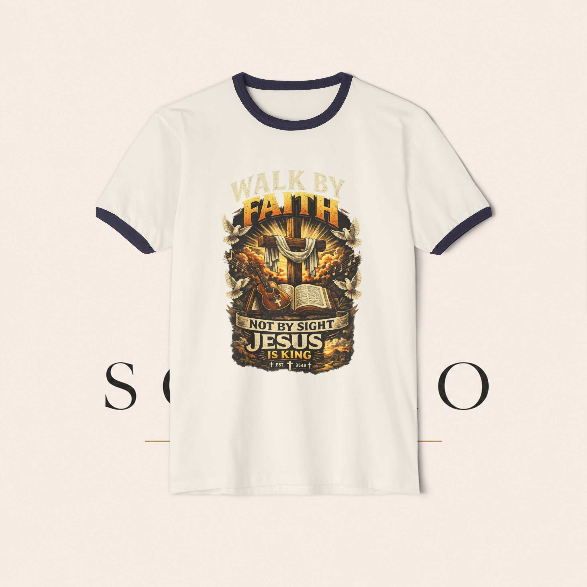 Walk by Faith Ringer T‑Shirt — 'Not By Sight Jesus Is King' Christian Tee