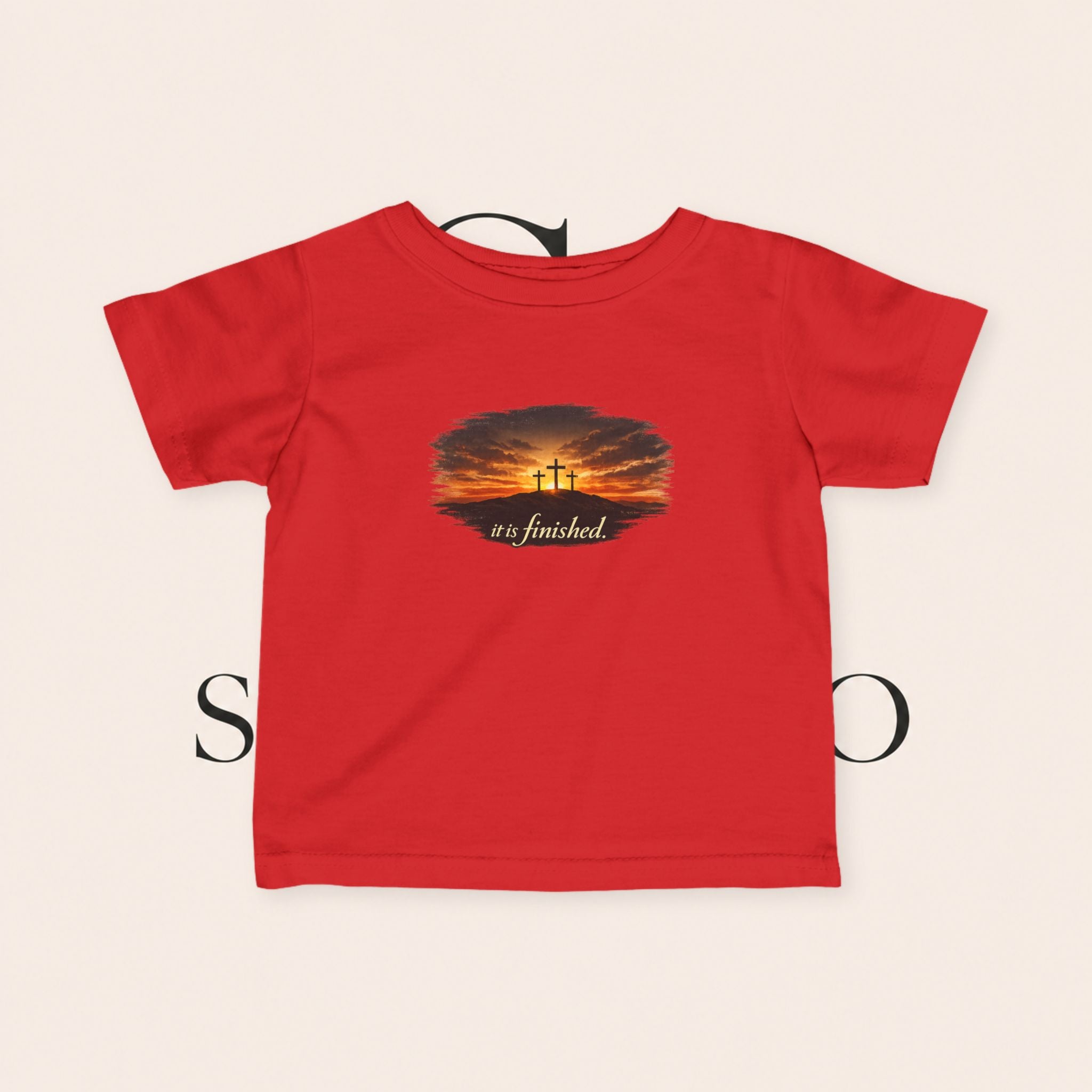Infant Tee — Sunset Three Crosses "It Is Finished" Christian Baby Shirt