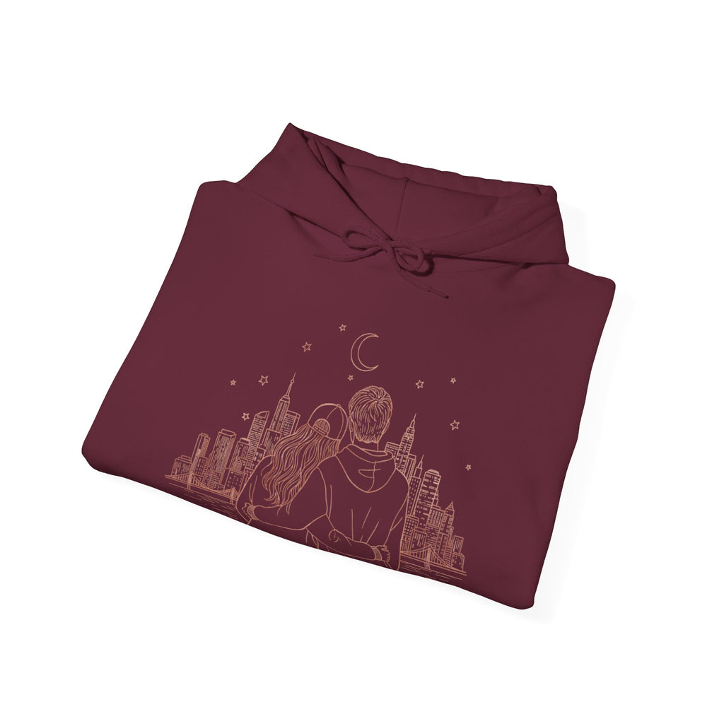 Calm City Meditation Hoodie — Zen Seated Figure Skyline Design