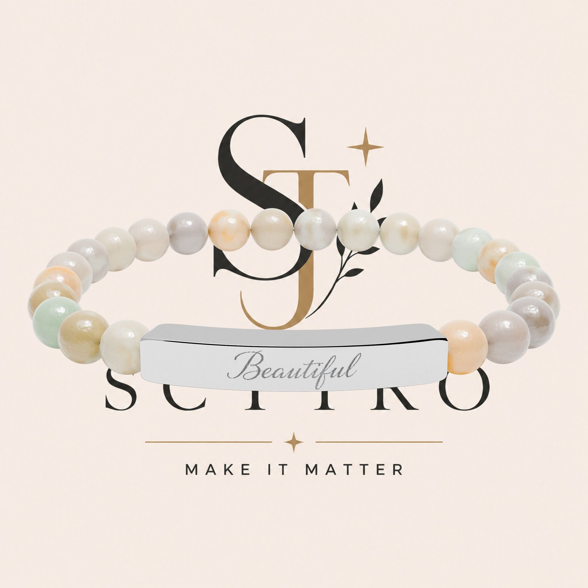 Engraved Natural Stone Bar Bracelet — Personalized Stretch Beaded Bracelet
