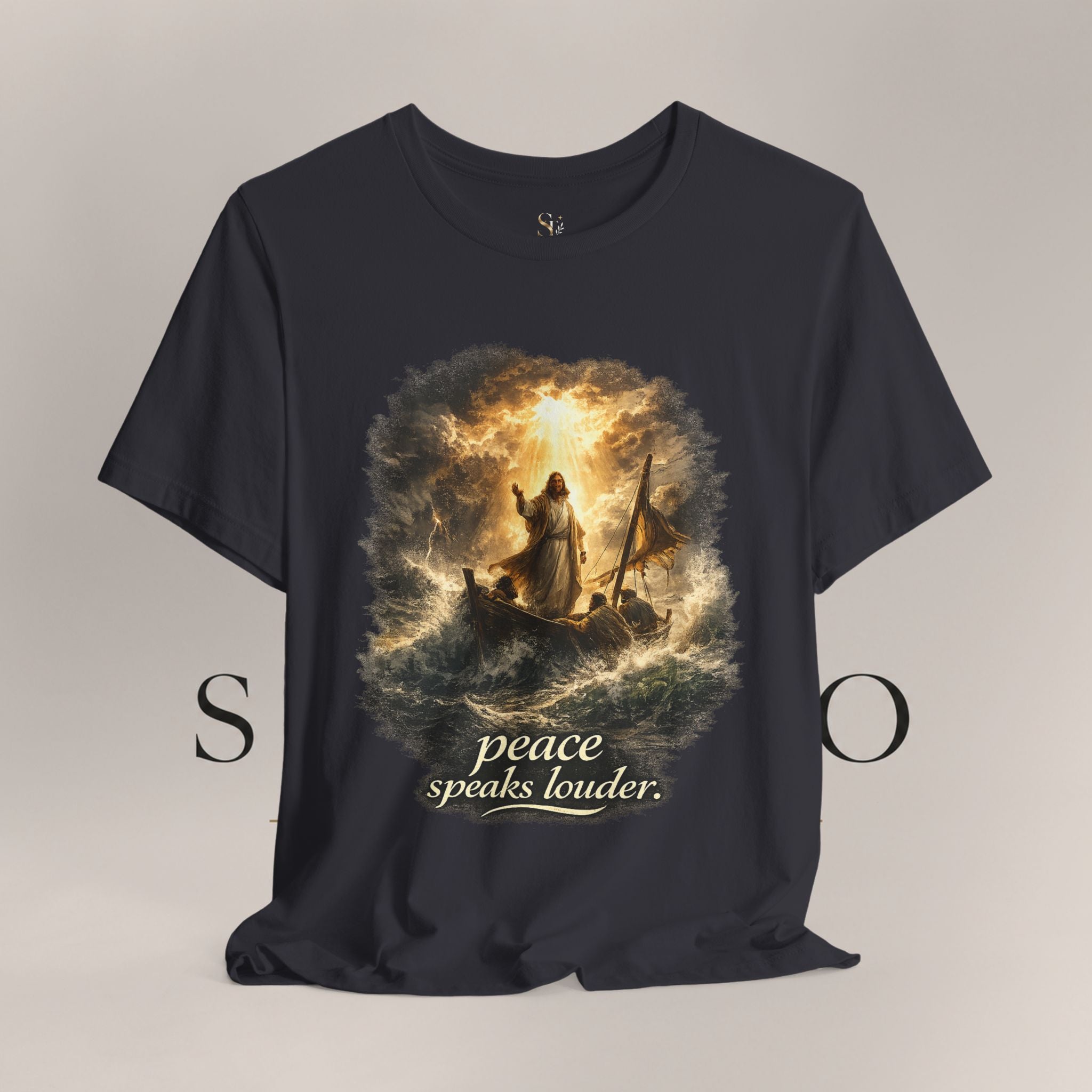 Peace Speaks Louder Christian T‑Shirt — Jesus Calming the Storm Faith Tee