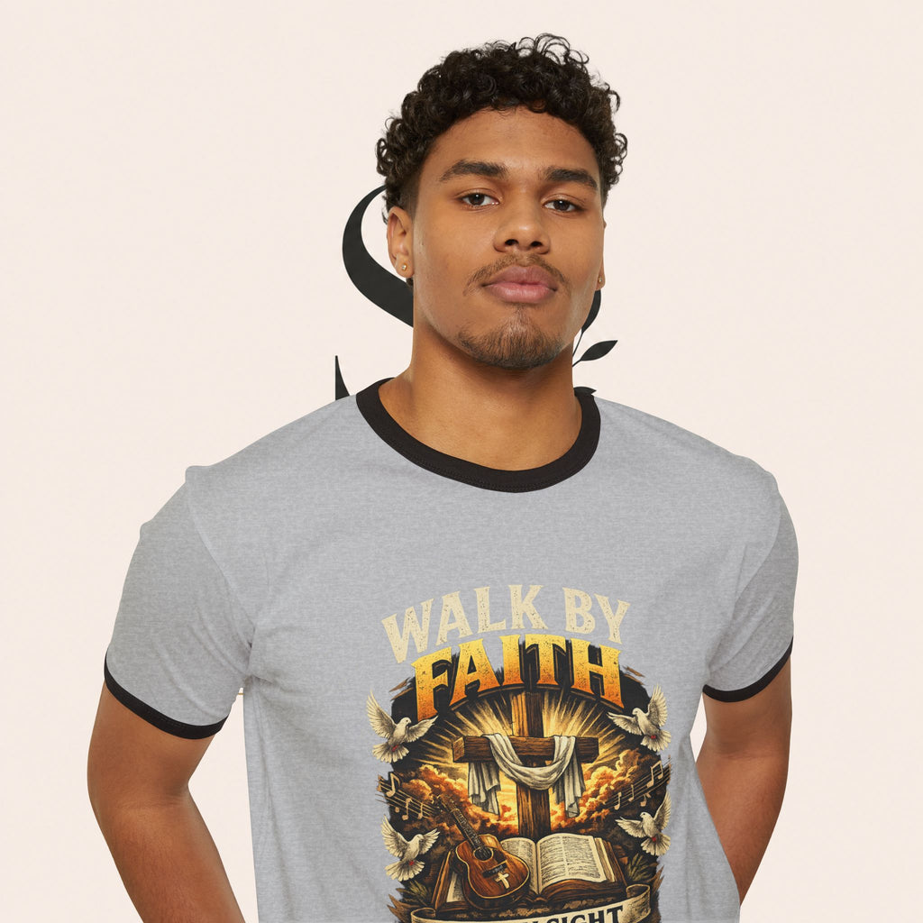 Walk by Faith Ringer T‑Shirt — 'Not By Sight Jesus Is King' Christian Tee