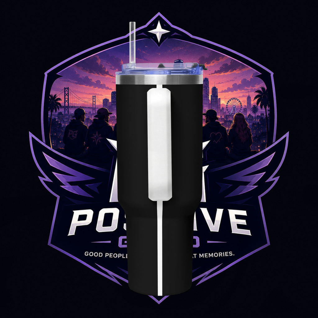 PG MERCH BRAND 40oz Vacuum Tumbler – Purple Cityscape Logo Insulated Travel Cup