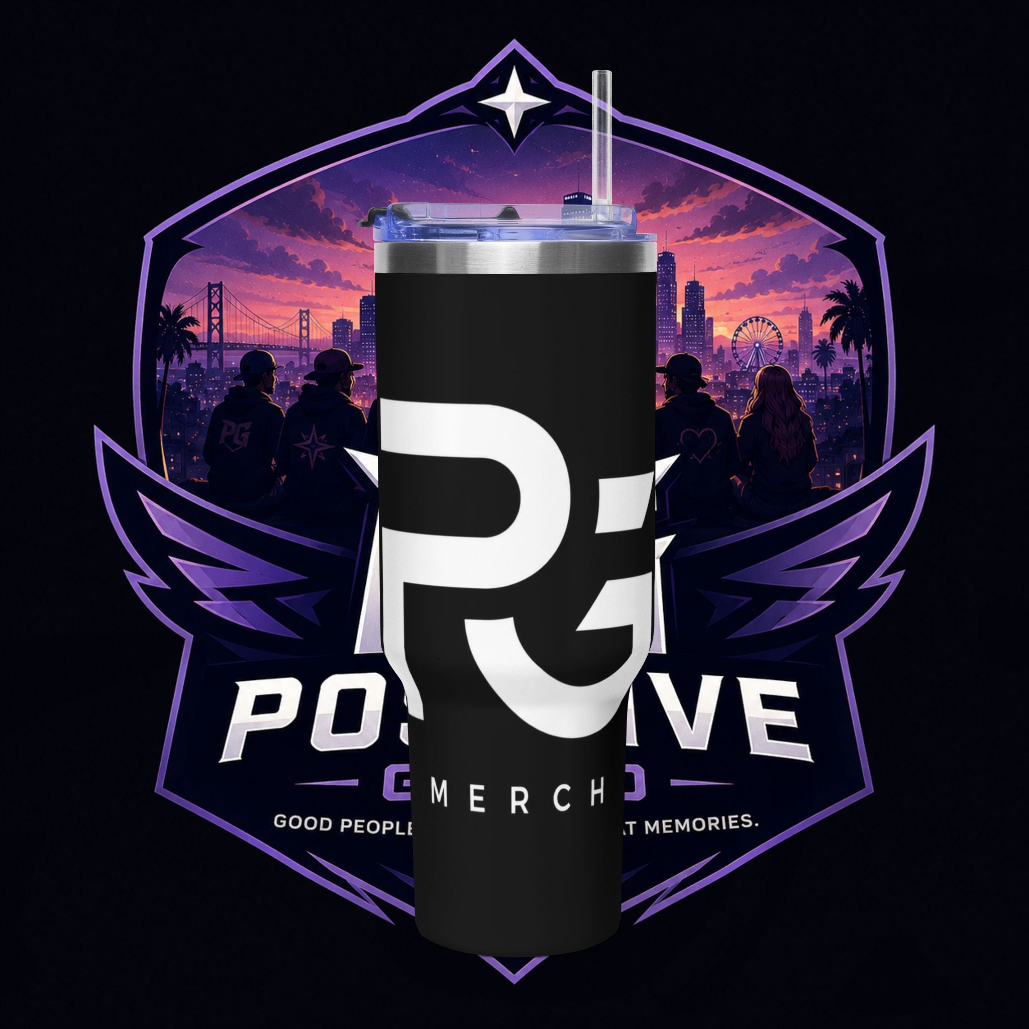 PG MERCH BRAND 40oz Vacuum Tumbler – Purple Cityscape Logo Insulated Travel Cup