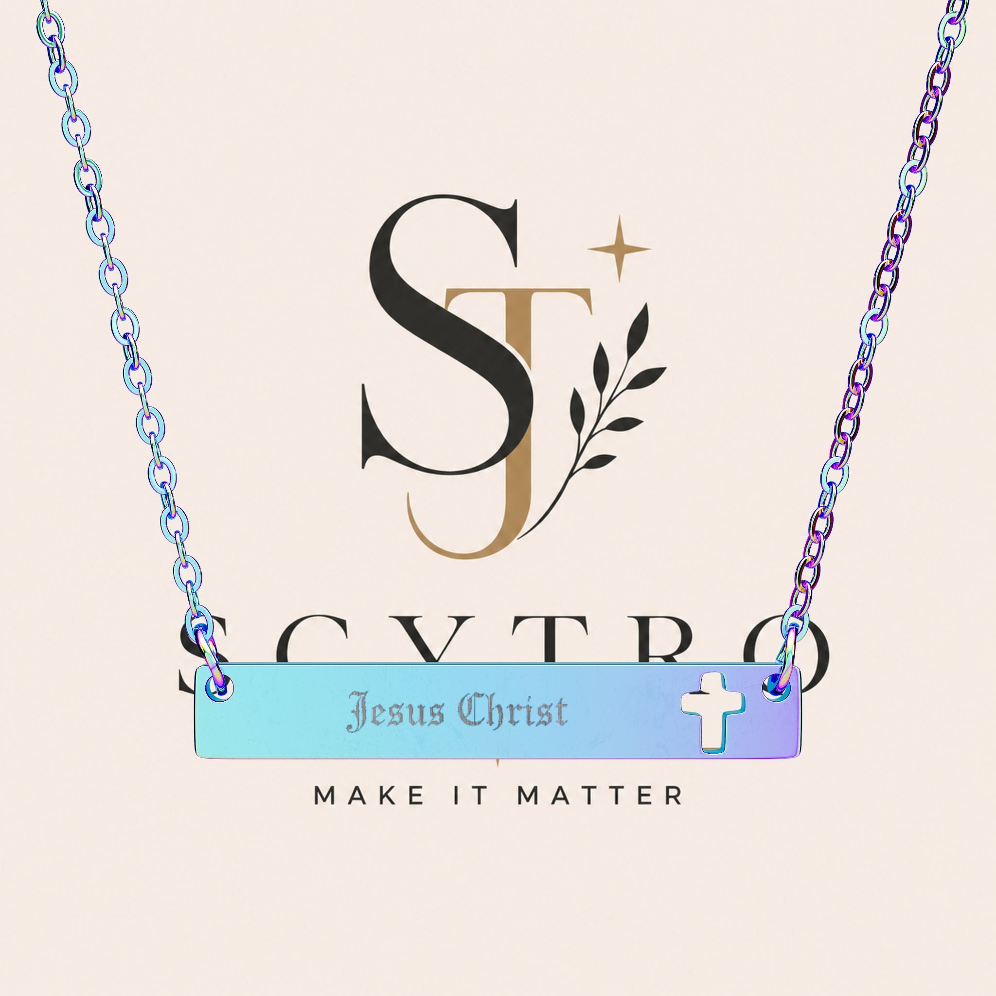 Engravable Cutout Cross Bar Necklace — Personalized Jesus Christ Name Plate