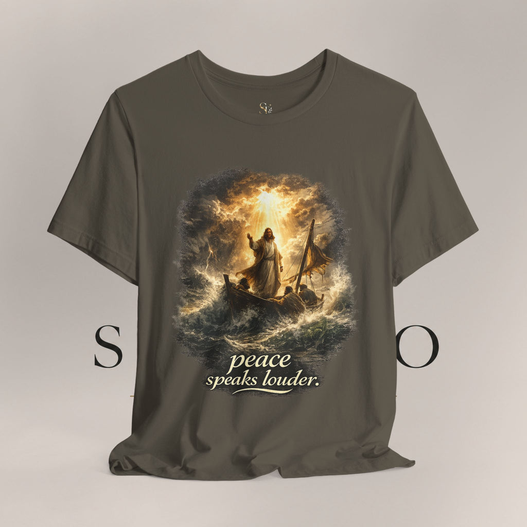 Peace Speaks Louder Christian T‑Shirt — Jesus Calming the Storm Faith Tee