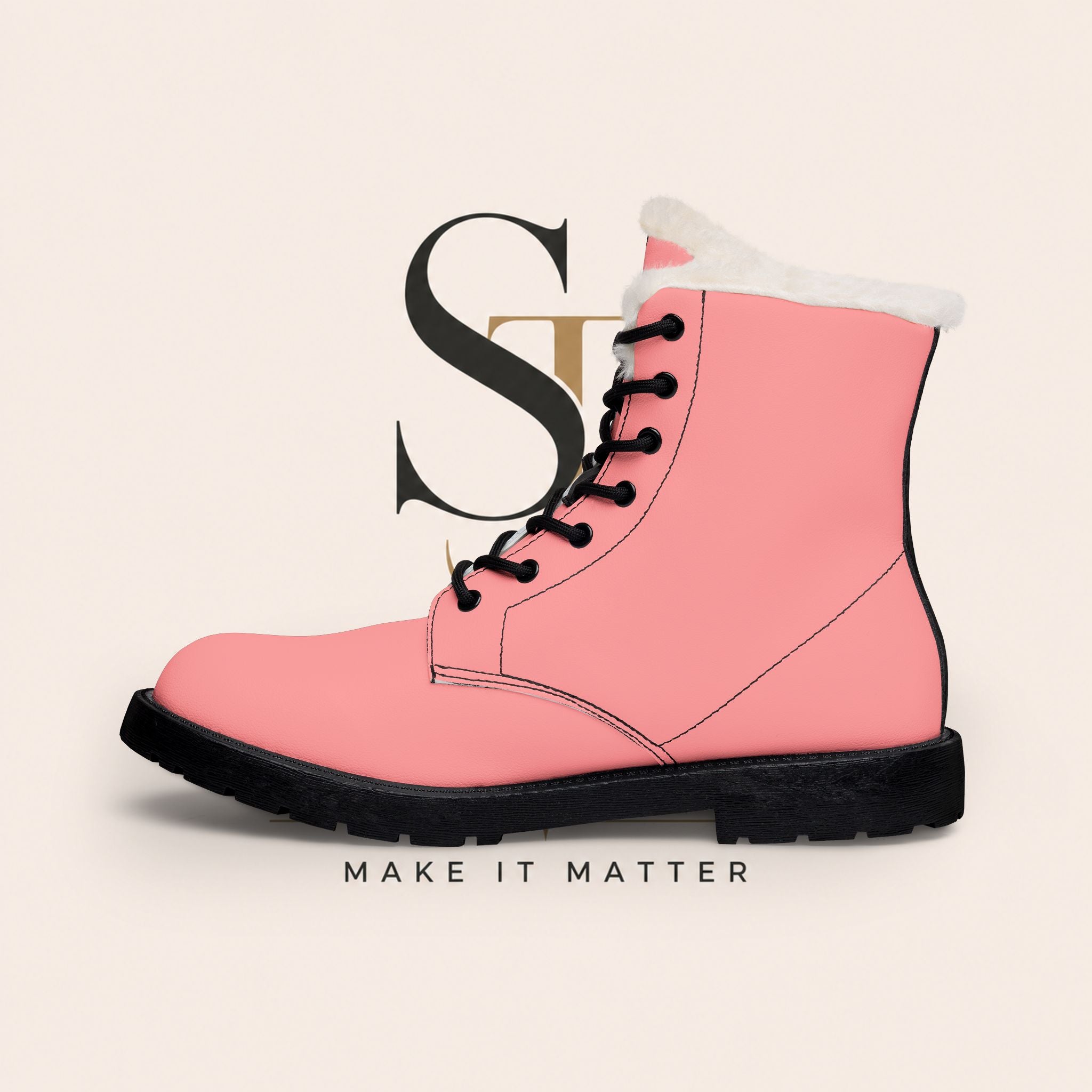 Women's Pink Fur-Lined Leather Boots — 'Make It Matter' Lace-Up Ankle Boots