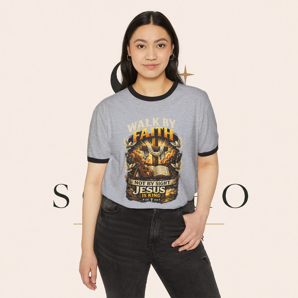 Walk by Faith Ringer T‑Shirt — 'Not By Sight Jesus Is King' Christian Tee