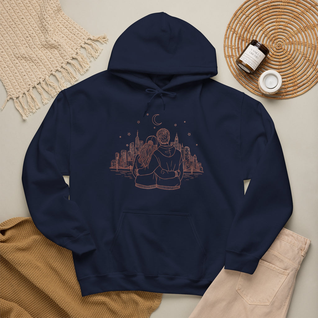 Calm City Meditation Hoodie — Zen Seated Figure Skyline Design