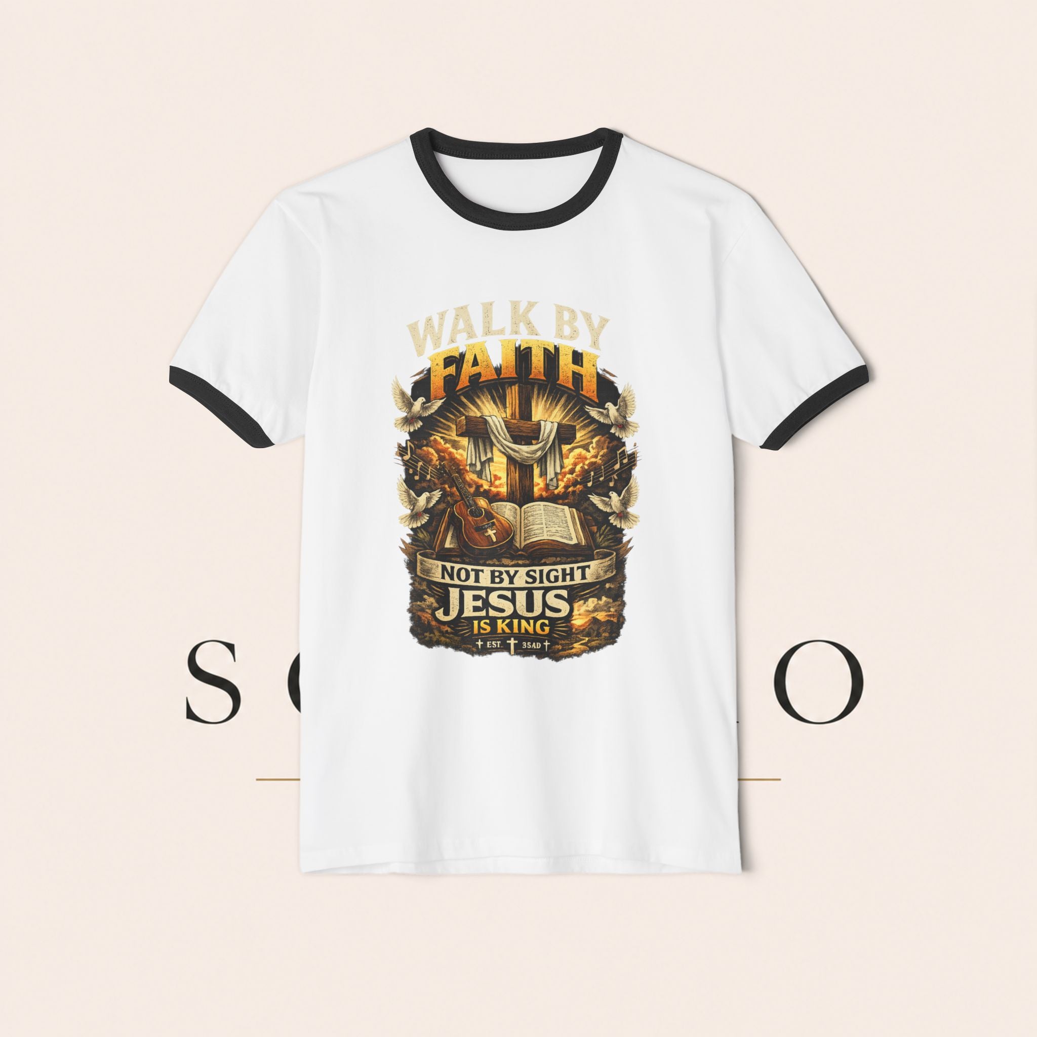 Walk by Faith Ringer T‑Shirt — 'Not By Sight Jesus Is King' Christian Tee