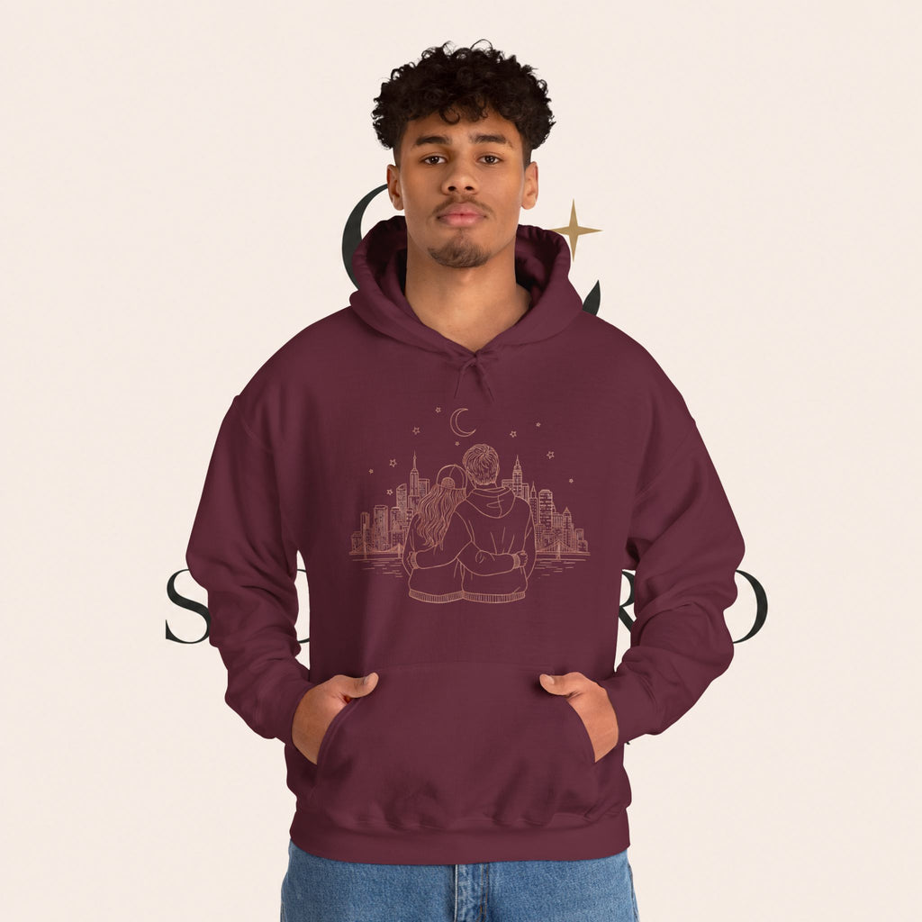 Calm City Meditation Hoodie — Zen Seated Figure Skyline Design