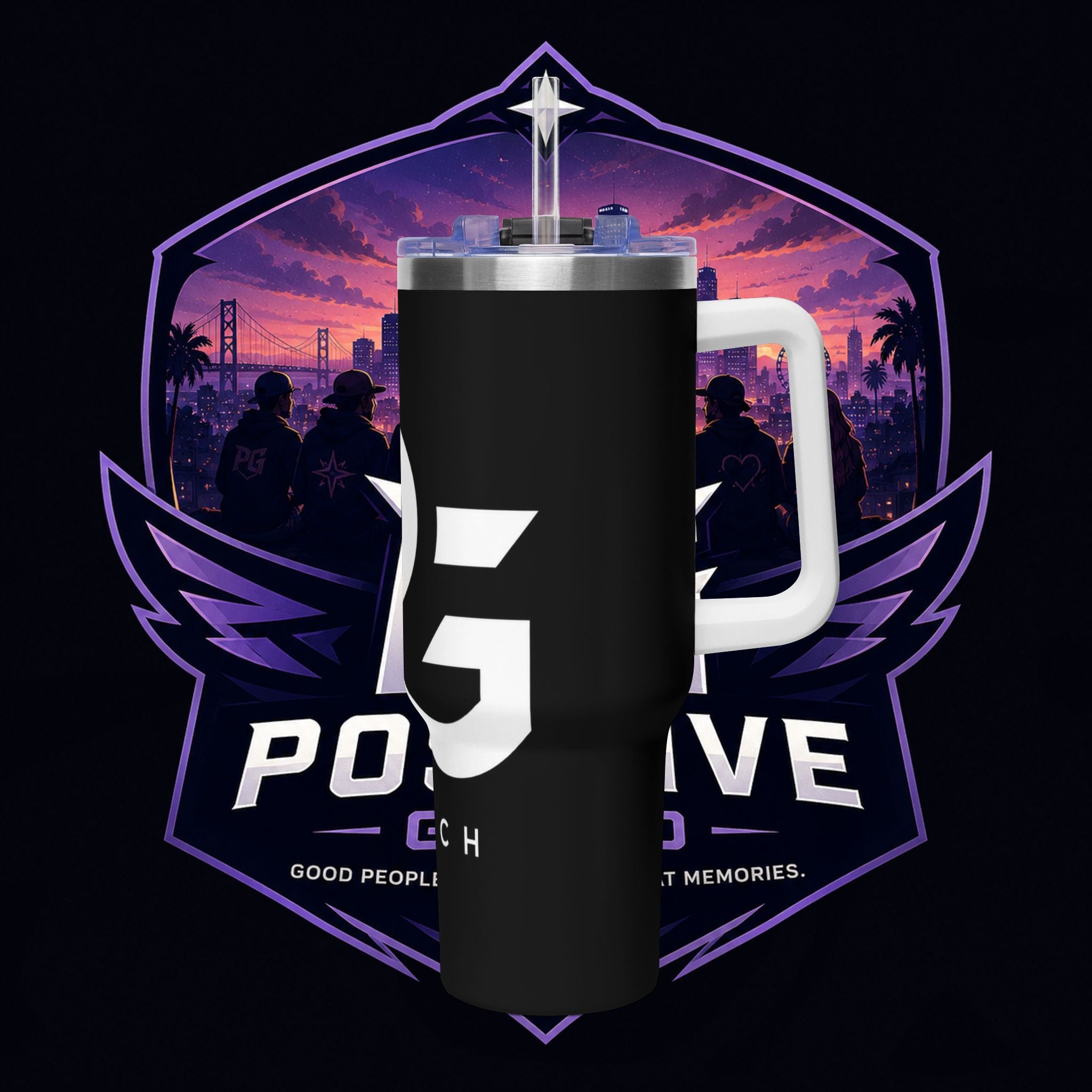 PG MERCH BRAND 40oz Vacuum Tumbler – Purple Cityscape Logo Insulated Travel Cup