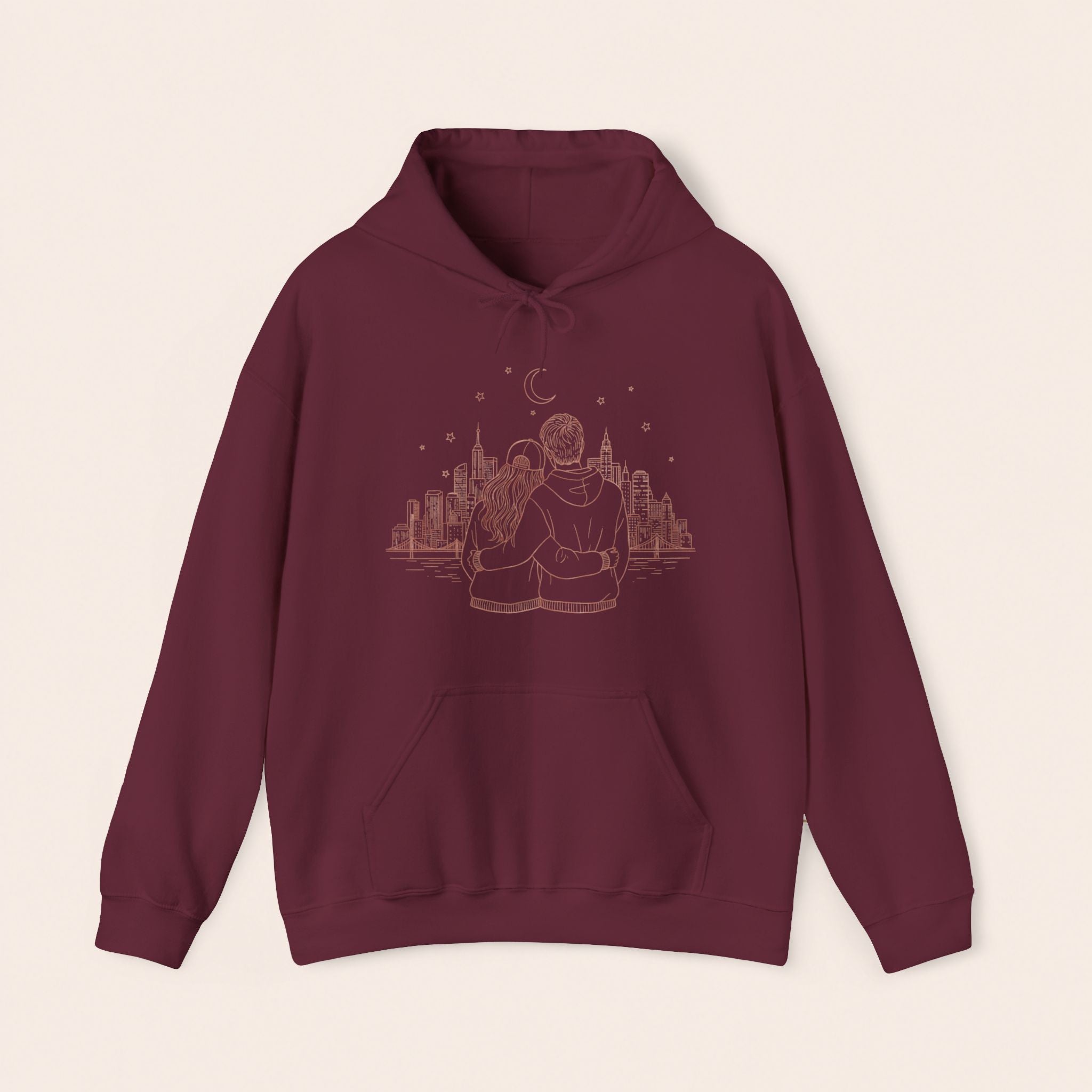 Calm City Meditation Hoodie — Zen Seated Figure Skyline Design