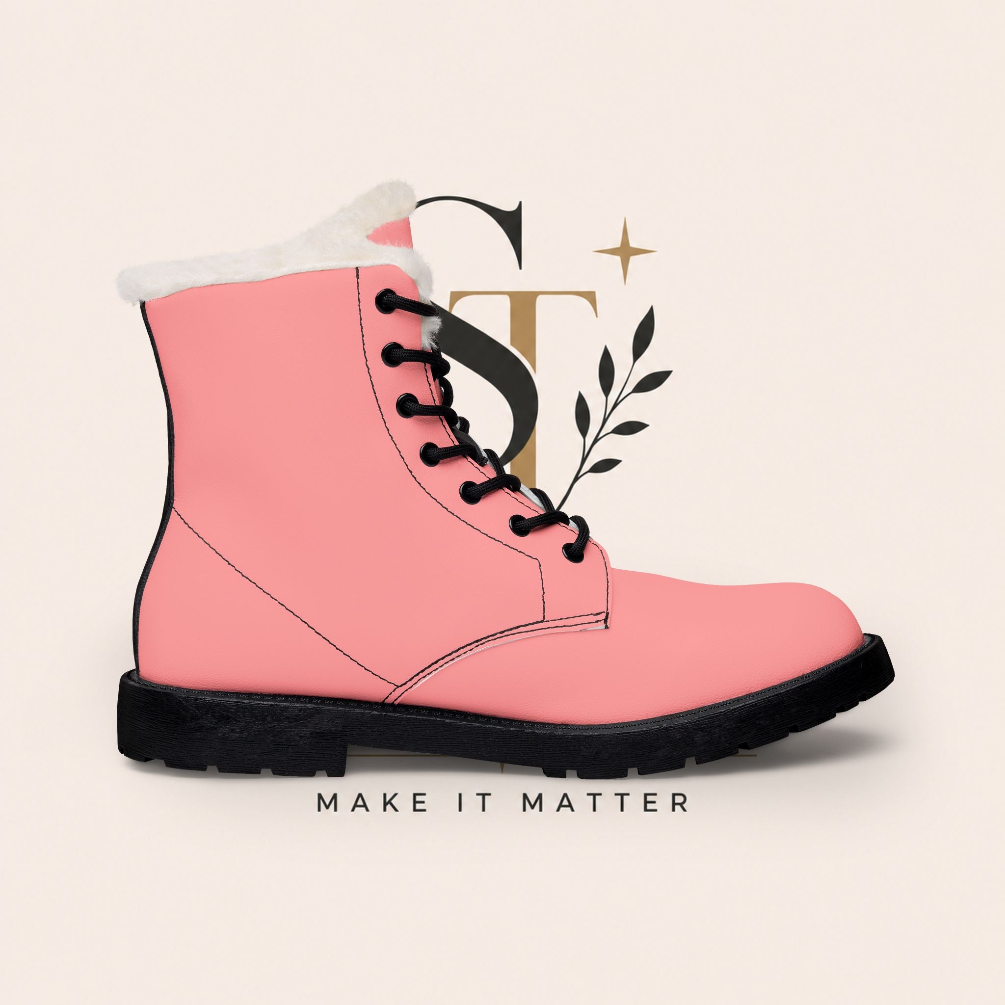 Women's Pink Fur-Lined Leather Boots — 'Make It Matter' Lace-Up Ankle Boots