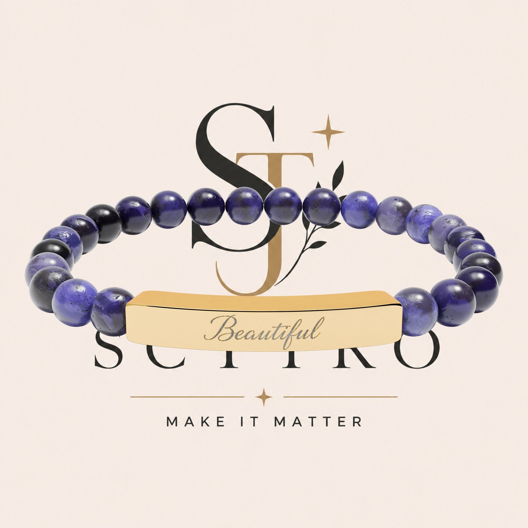 Engraved Natural Stone Bar Bracelet — Personalized Stretch Beaded Bracelet