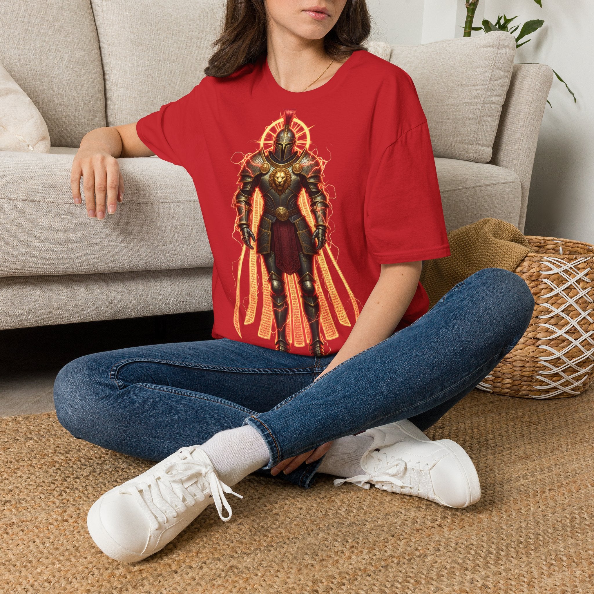 Knight of Flame Graphic T-Shirt — Fiery Medieval Armor Tee