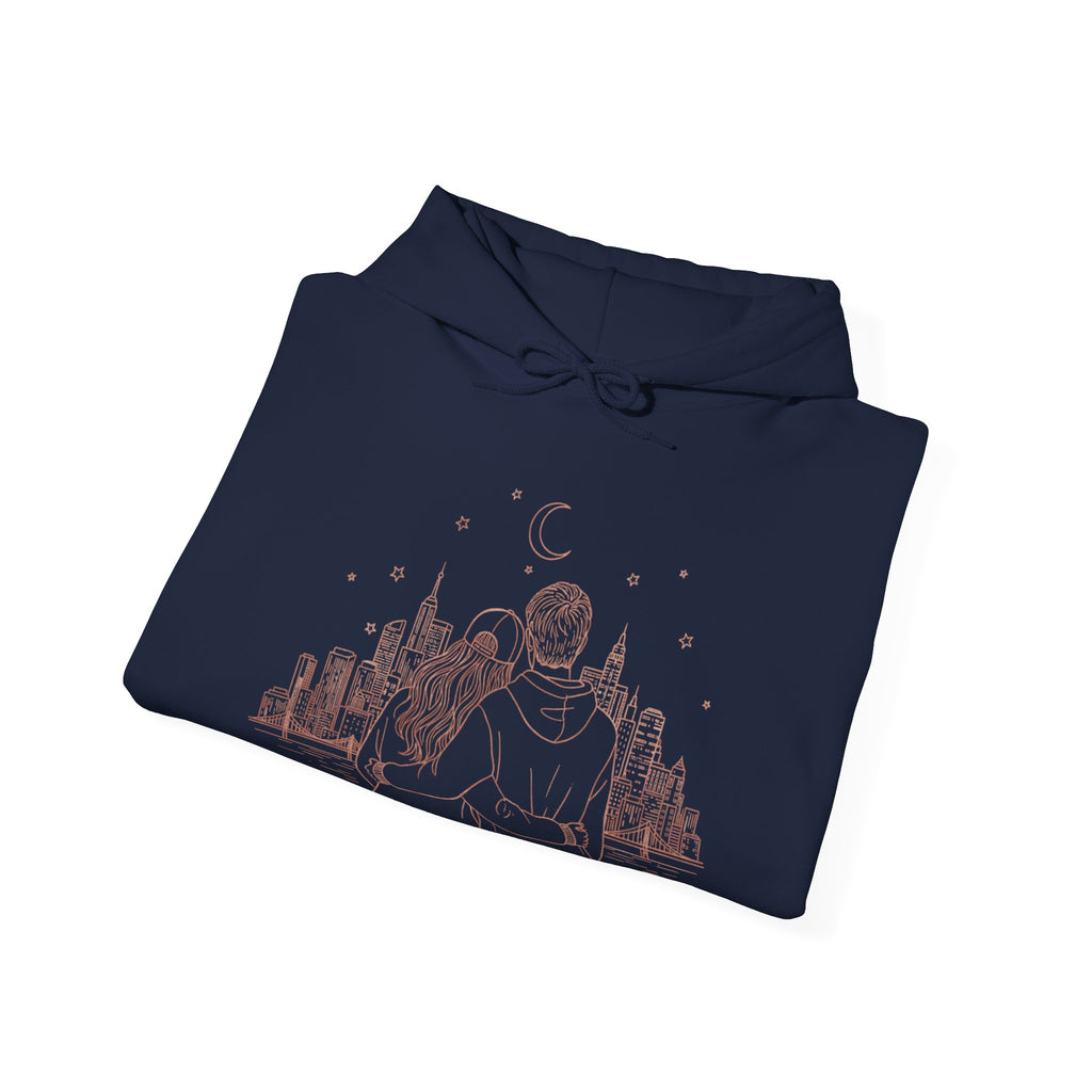 Calm City Meditation Hoodie — Zen Seated Figure Skyline Design