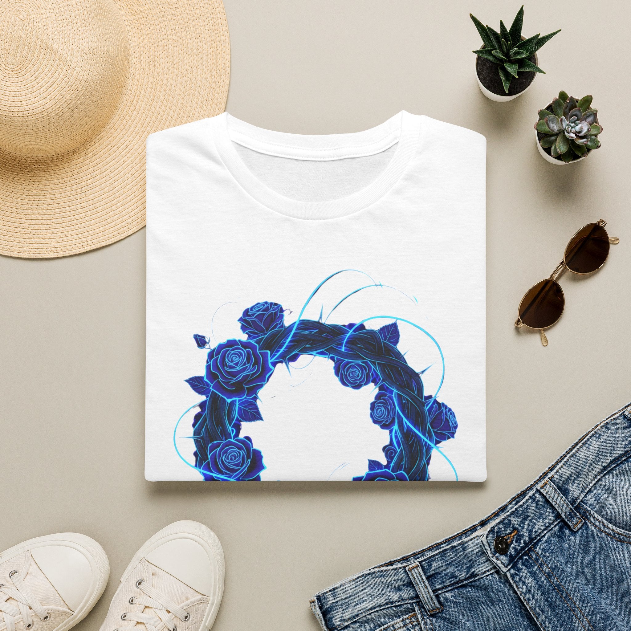 Blue Rose Wreath T-Shirt — Ethereal Floral Graphic Tee