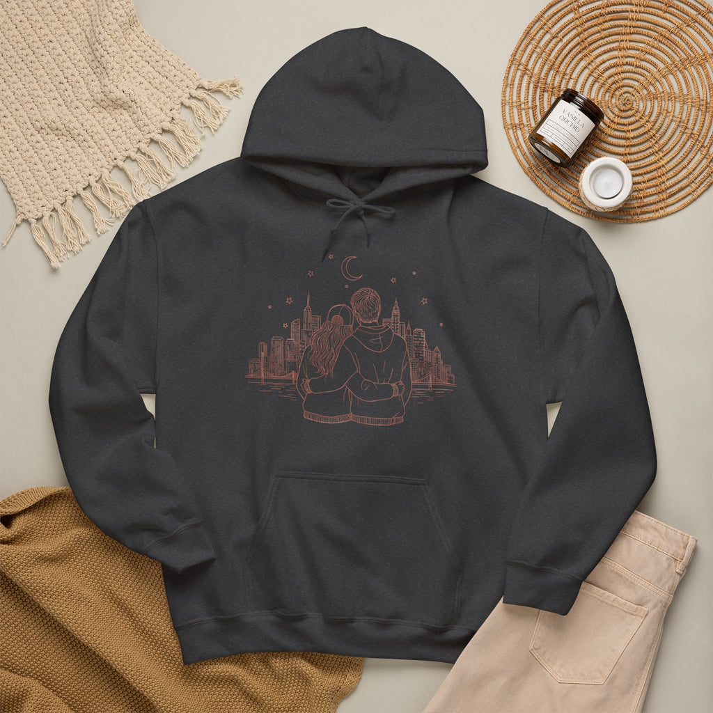Calm City Meditation Hoodie — Zen Seated Figure Skyline Design