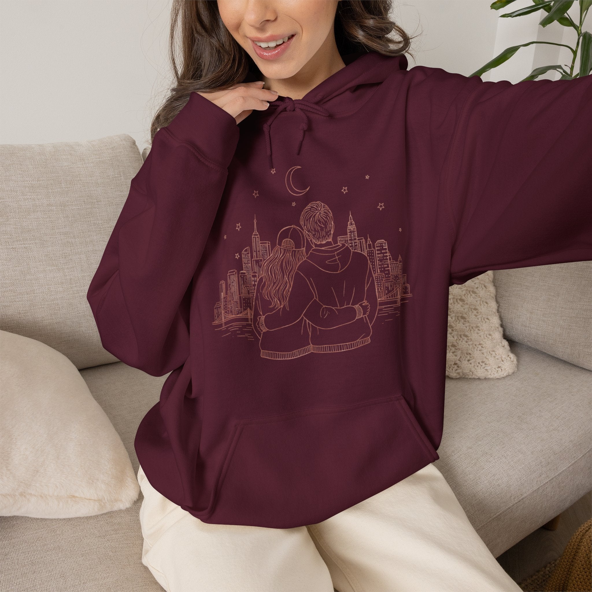 Calm City Meditation Hoodie — Zen Seated Figure Skyline Design