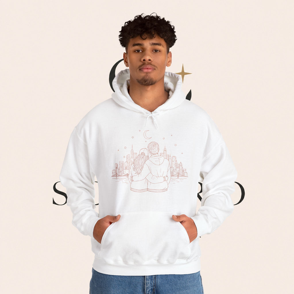 Calm City Meditation Hoodie — Zen Seated Figure Skyline Design