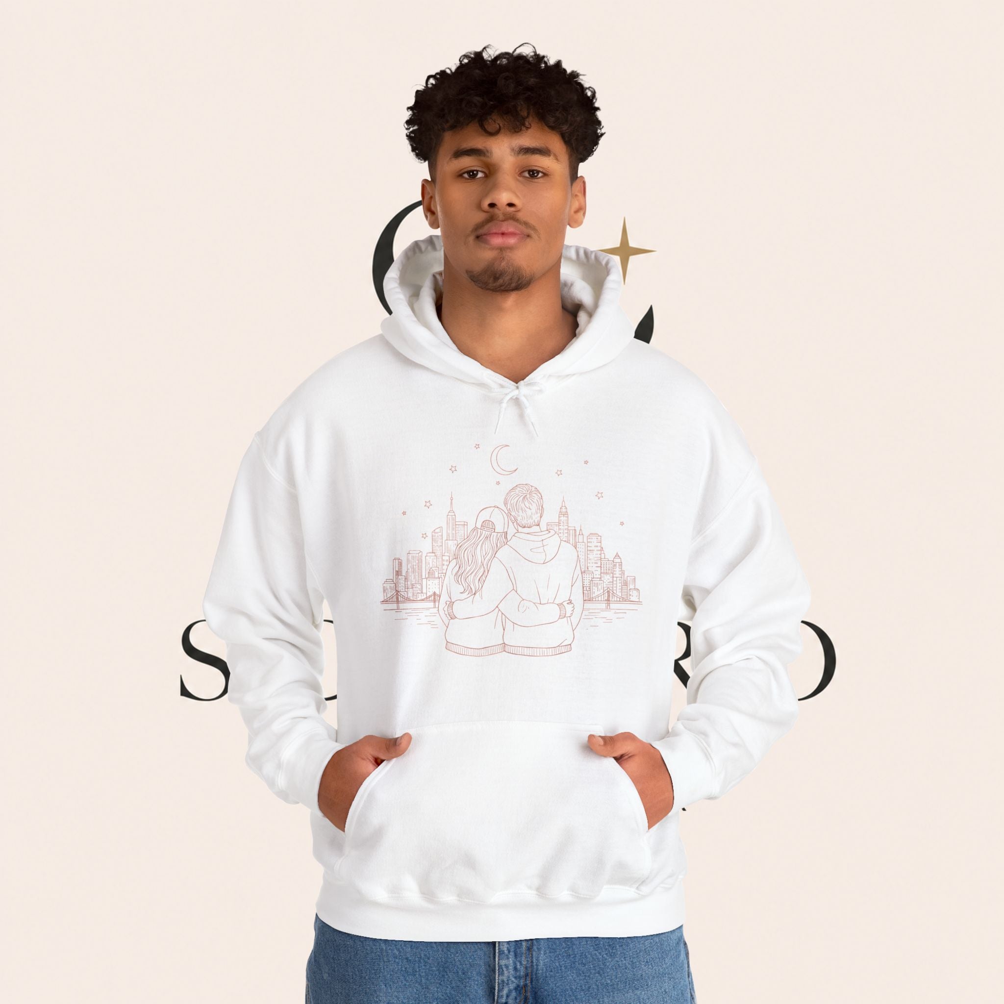 Calm City Meditation Hoodie — Zen Seated Figure Skyline Design