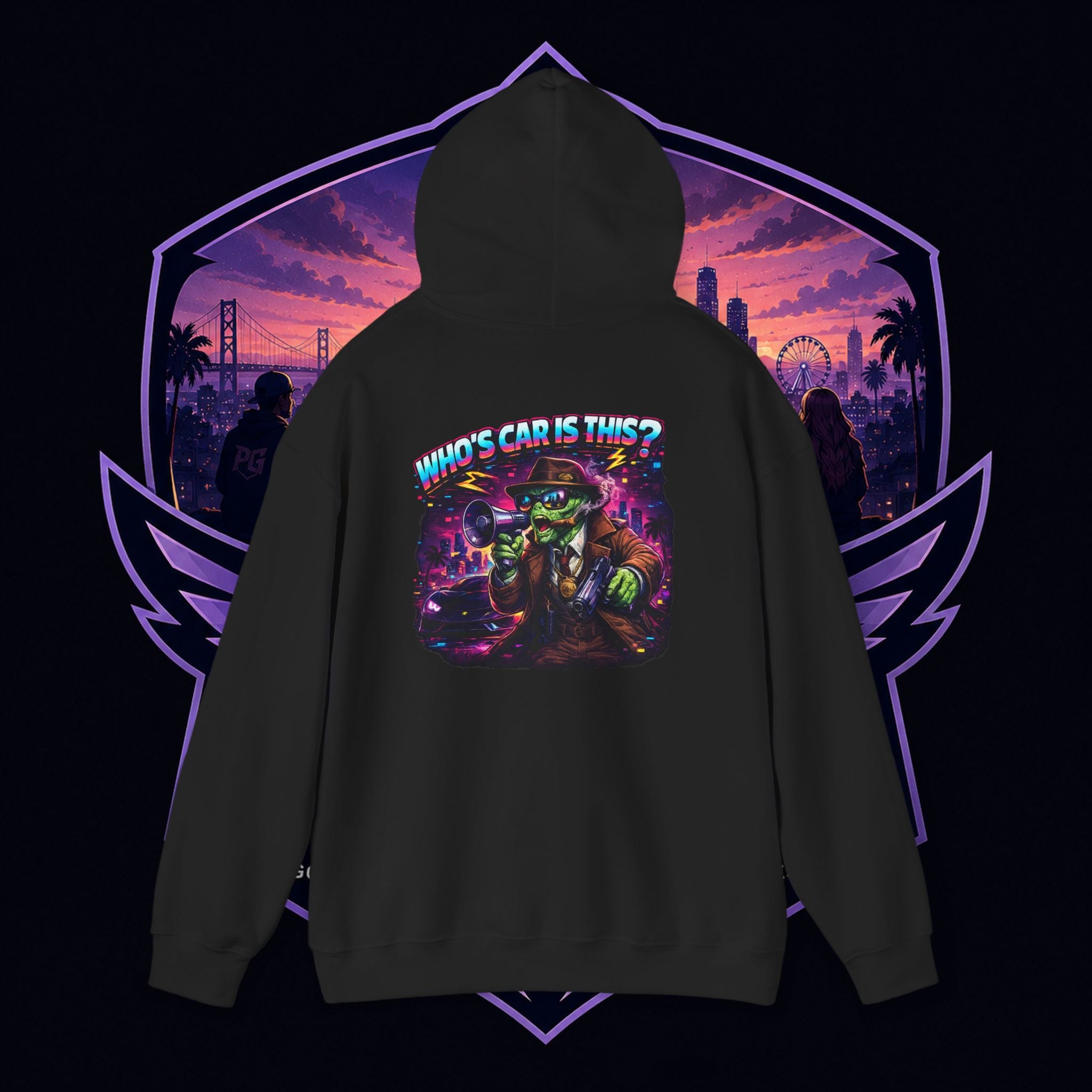 PG PERCY Remove Your Car Hoodie — "Who's Car is This?" Neon Retro Street Art Pullover