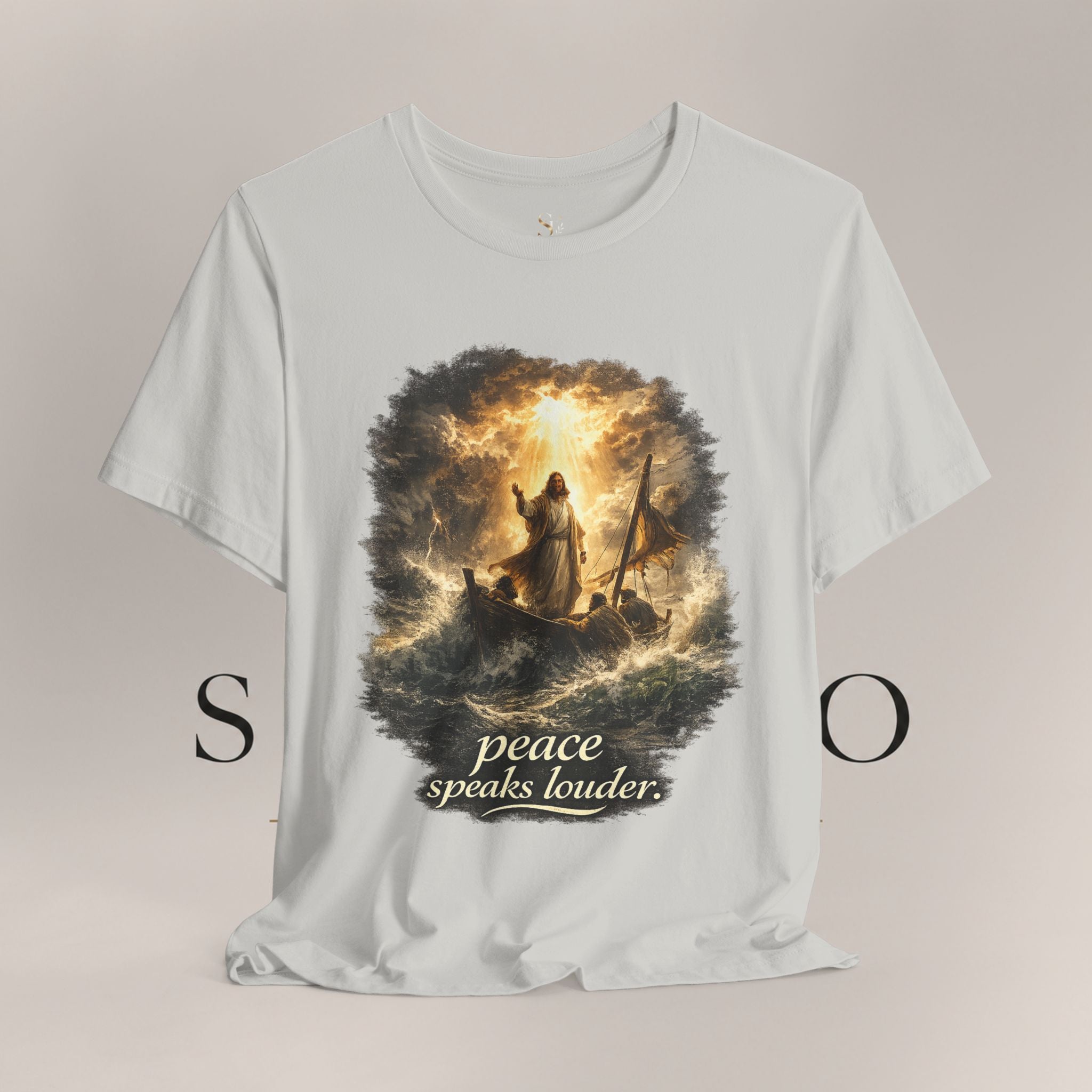 Peace Speaks Louder Christian T‑Shirt — Jesus Calming the Storm Faith Tee
