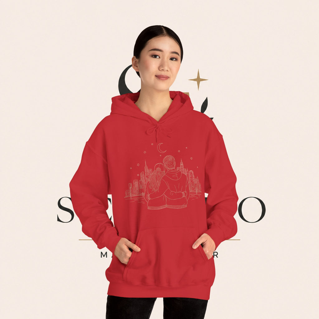 Calm City Meditation Hoodie — Zen Seated Figure Skyline Design