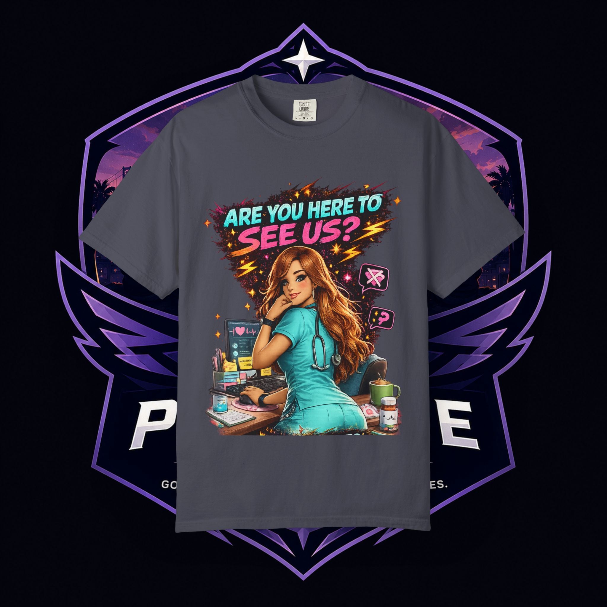 MOA PG SUMMER — "Are You Here to See Us?" Retro Medical Graphic T-Shirt