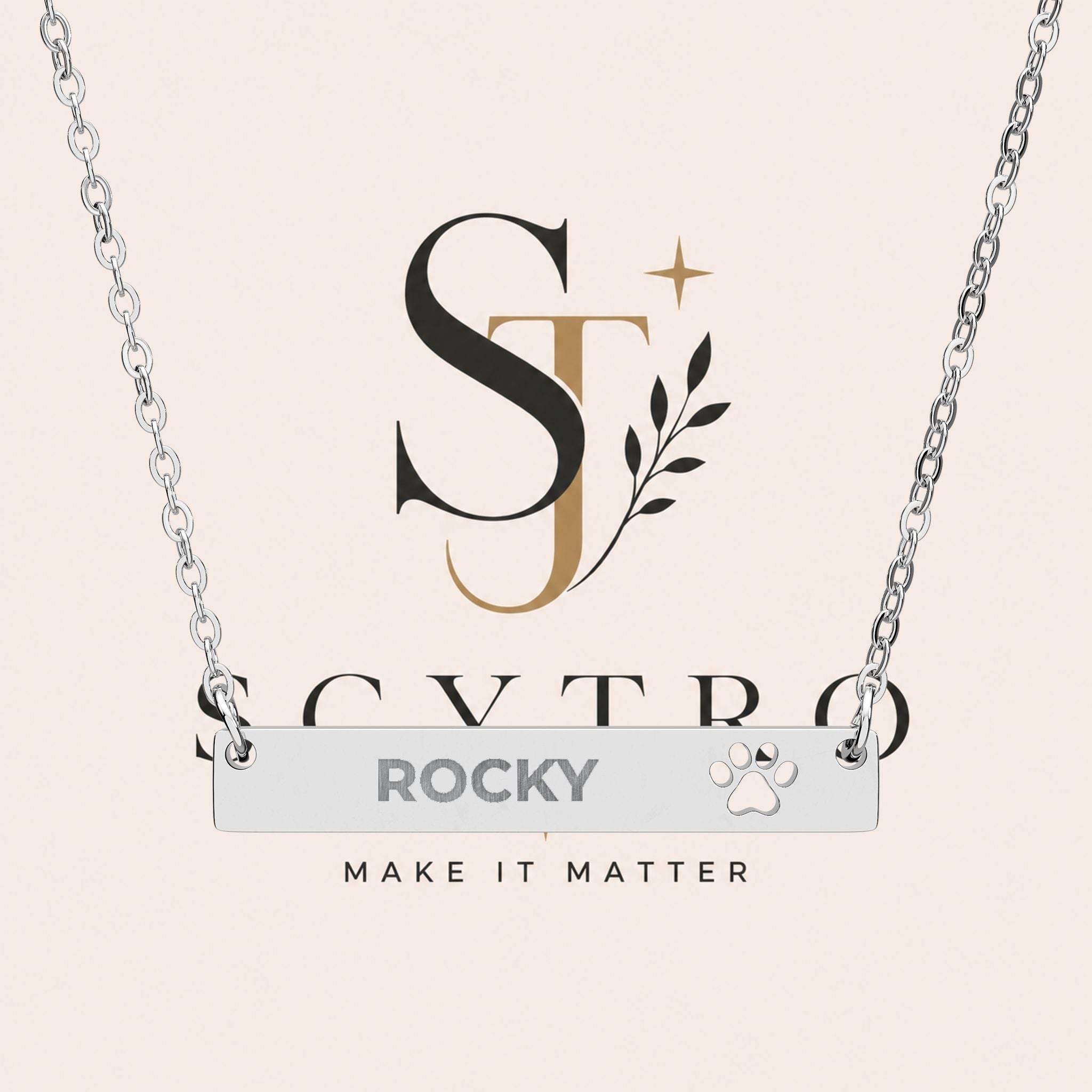 Paw Bar Necklace — Engraved Name & Cutout Paw Charm