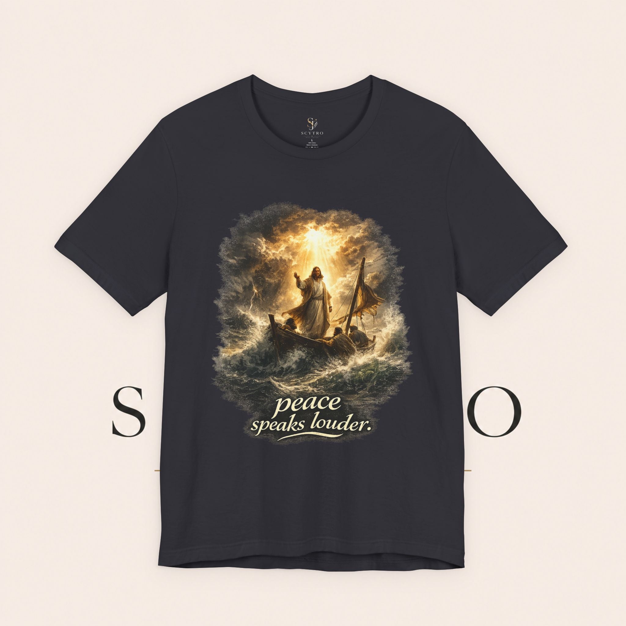Peace Speaks Louder Christian T‑Shirt — Jesus Calming the Storm Faith Tee