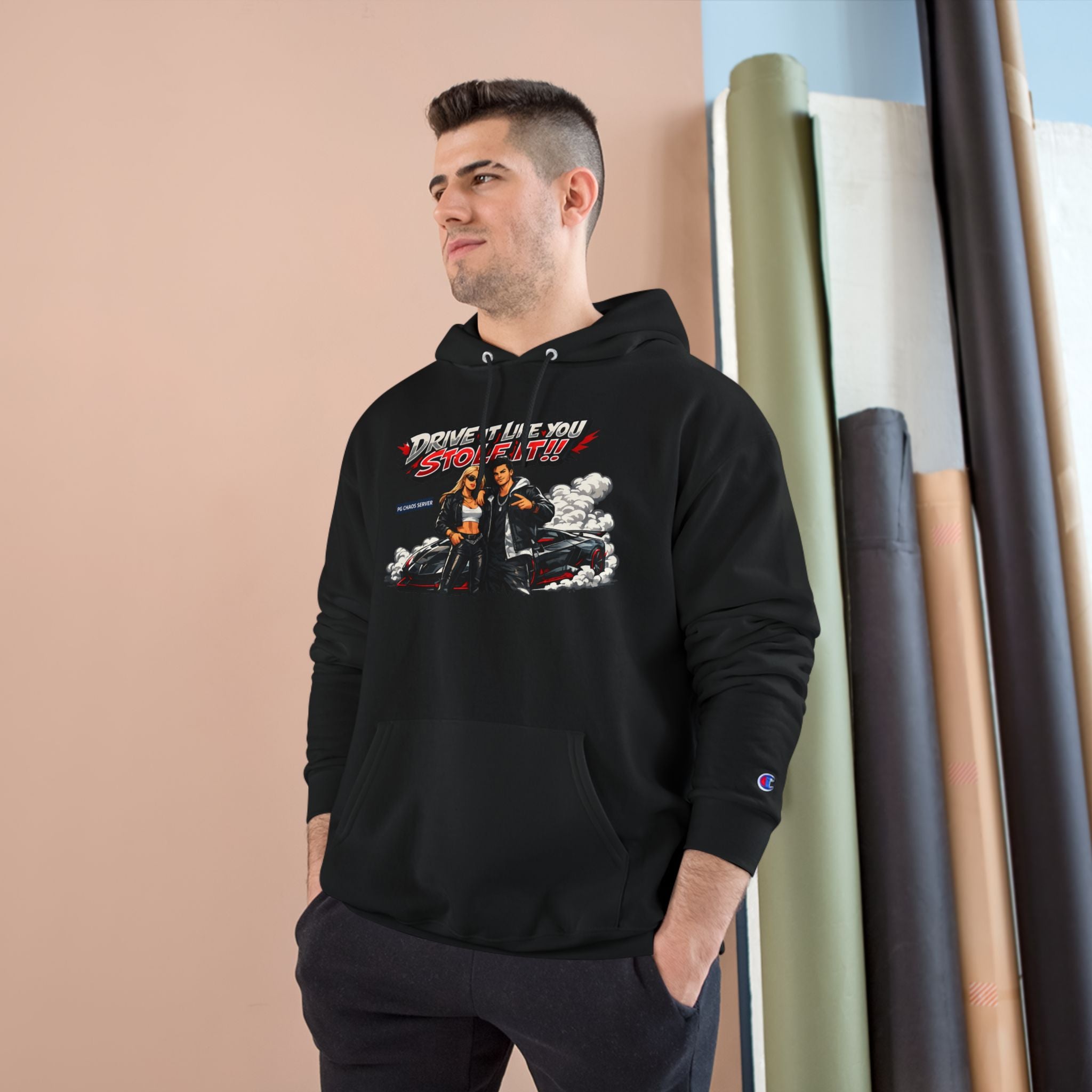 PG NATHALIE Drive It Like You Stole It Hoodie — Retro Motorcycle Graphic Champion Hoodie