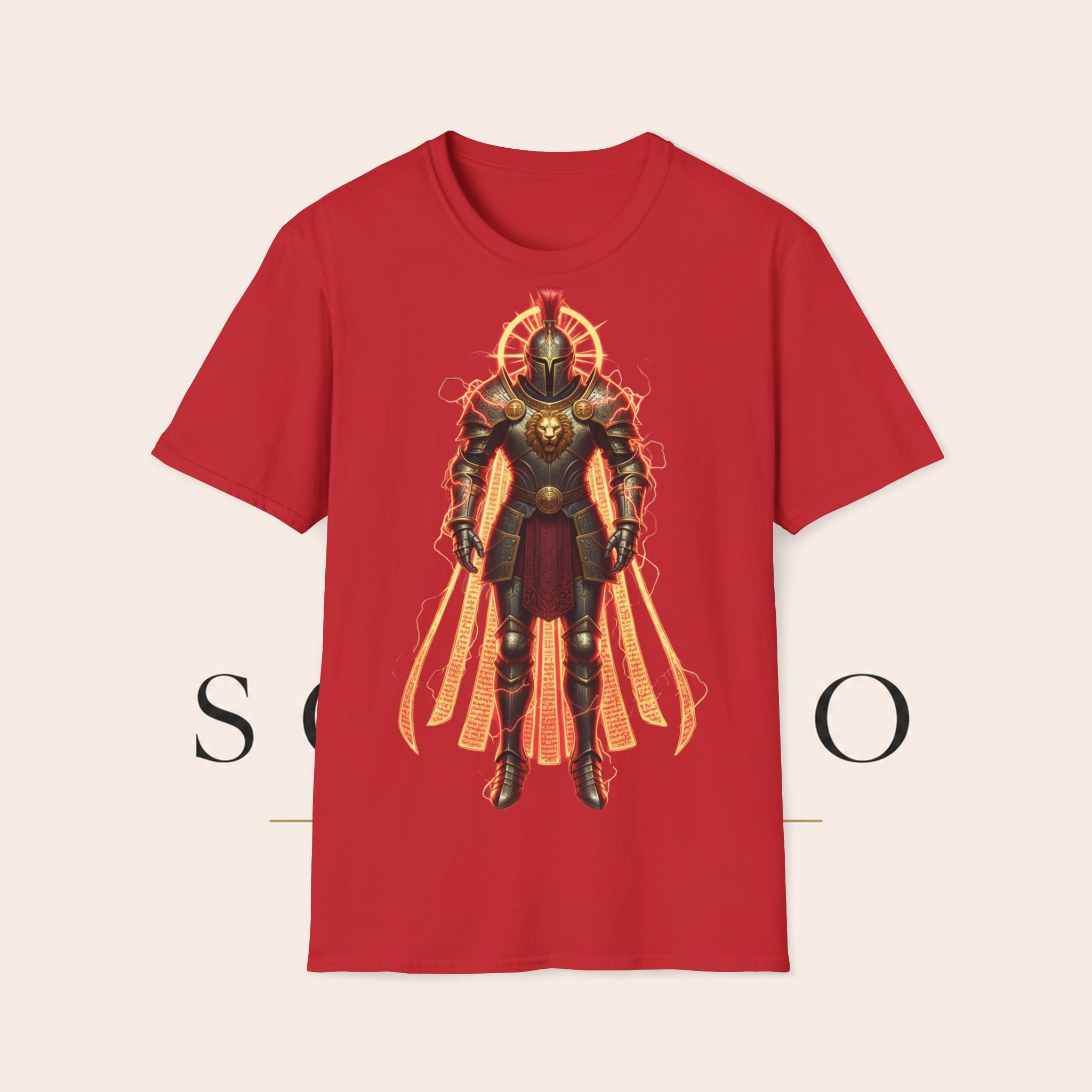 Knight of Flame Graphic T-Shirt — Fiery Medieval Armor Tee