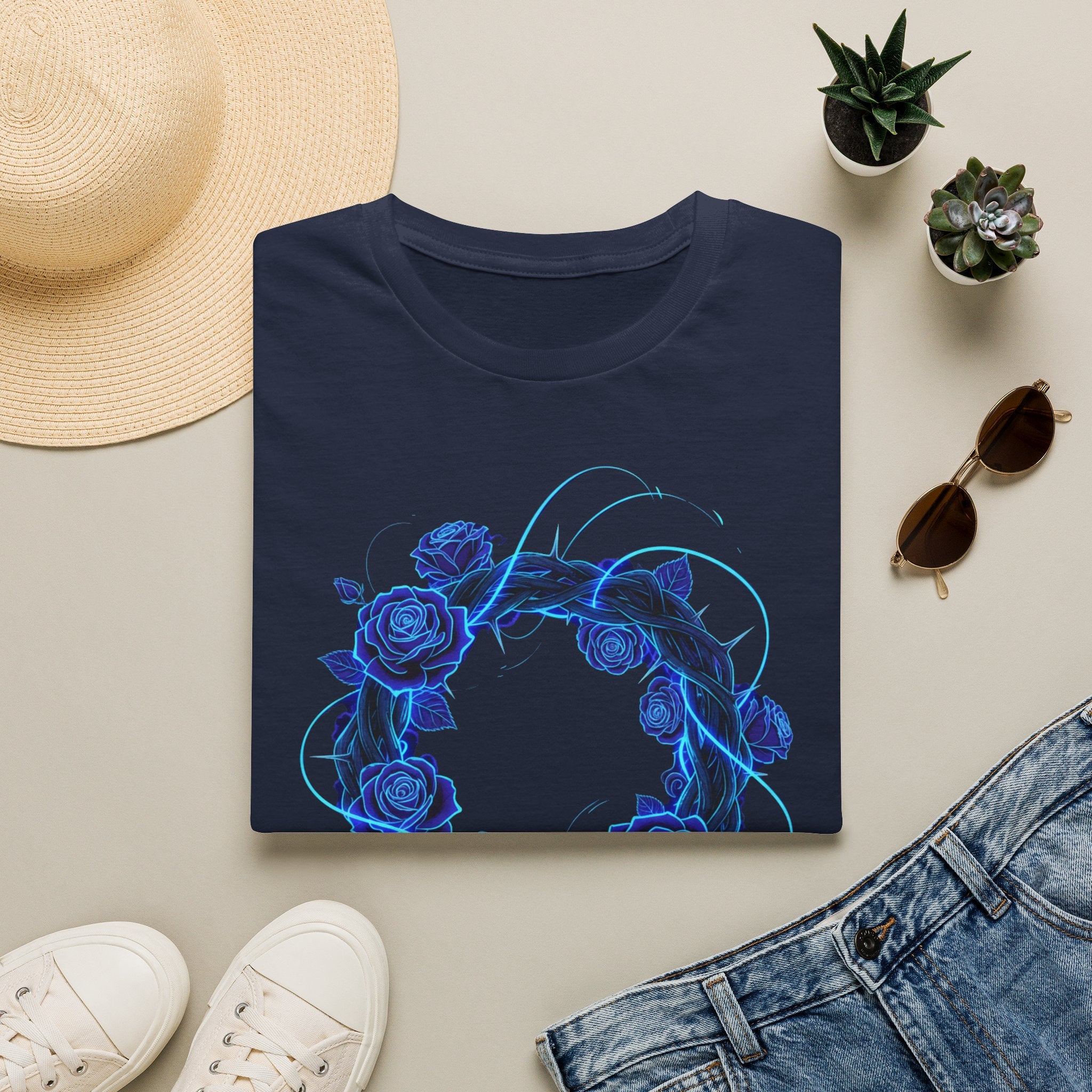 Blue Rose Wreath T-Shirt — Ethereal Floral Graphic Tee