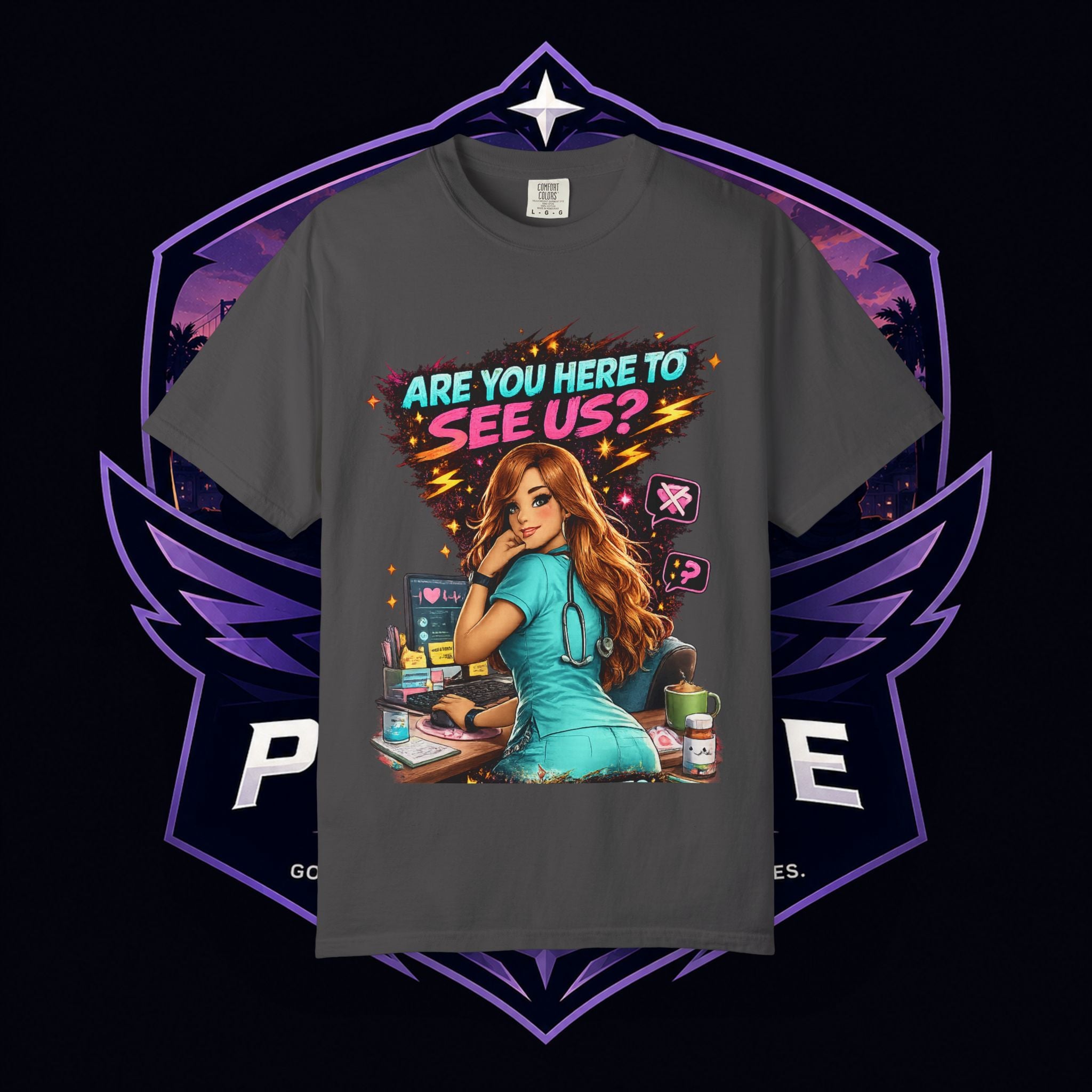 MOA PG SUMMER — "Are You Here to See Us?" Retro Medical Graphic T-Shirt