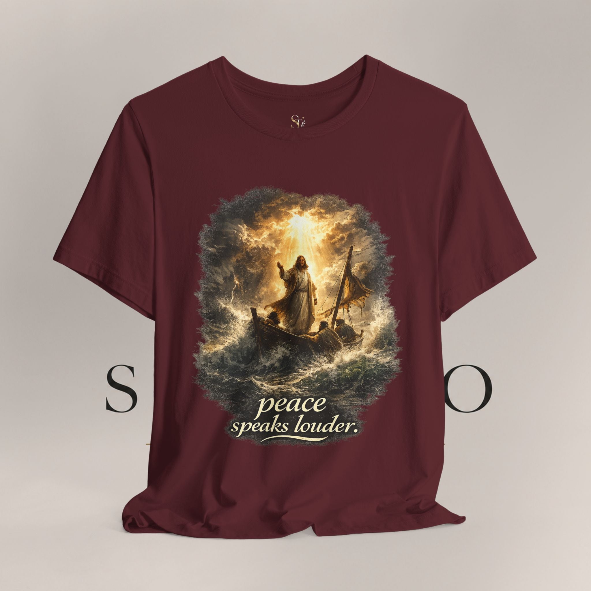 Peace Speaks Louder Christian T‑Shirt — Jesus Calming the Storm Faith Tee