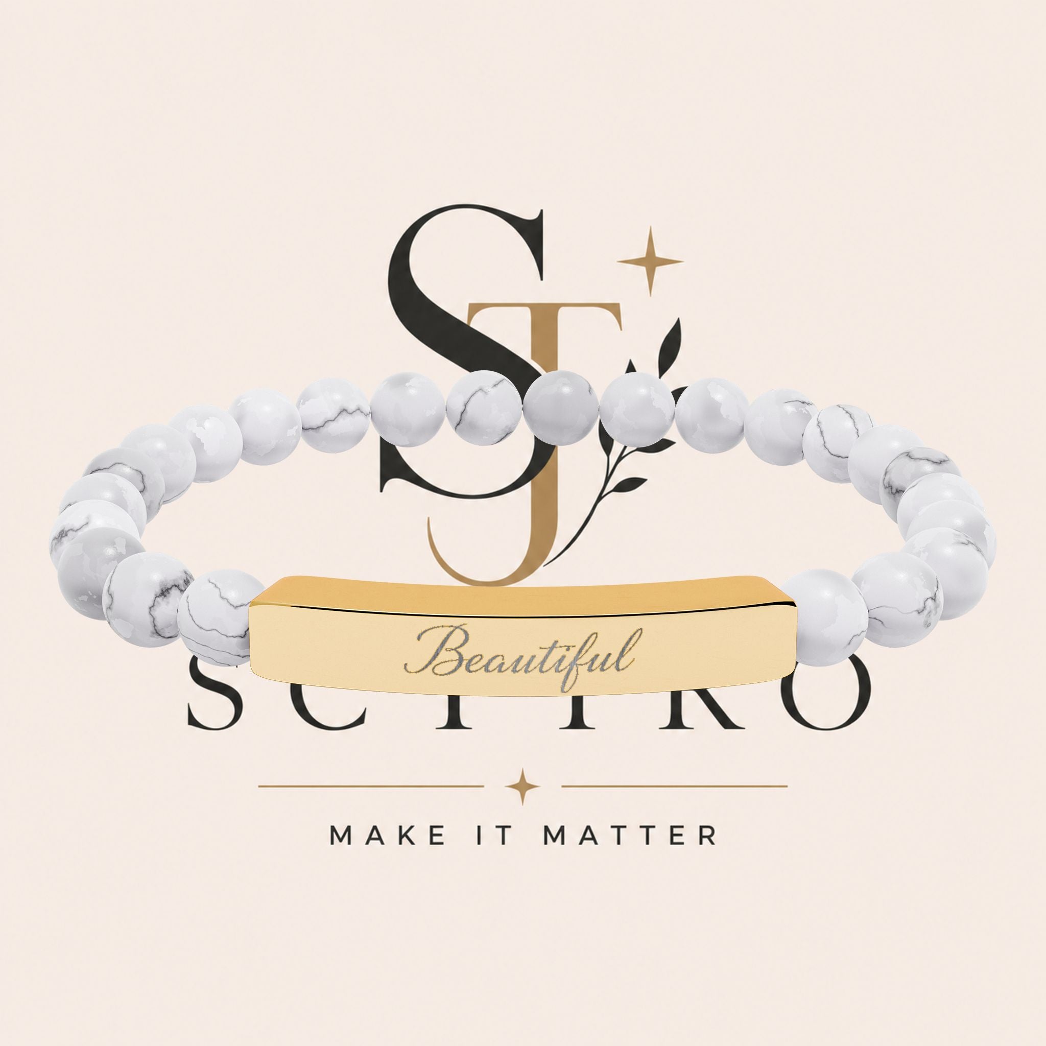 Engraved Natural Stone Bar Bracelet — Personalized Stretch Beaded Bracelet