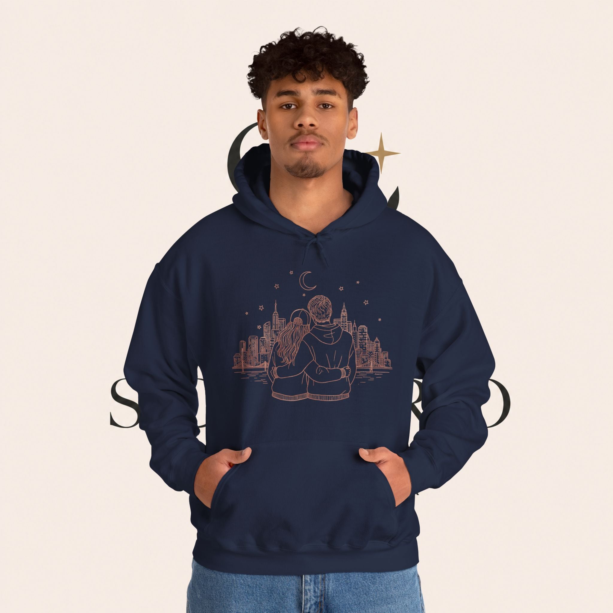 Calm City Meditation Hoodie — Zen Seated Figure Skyline Design