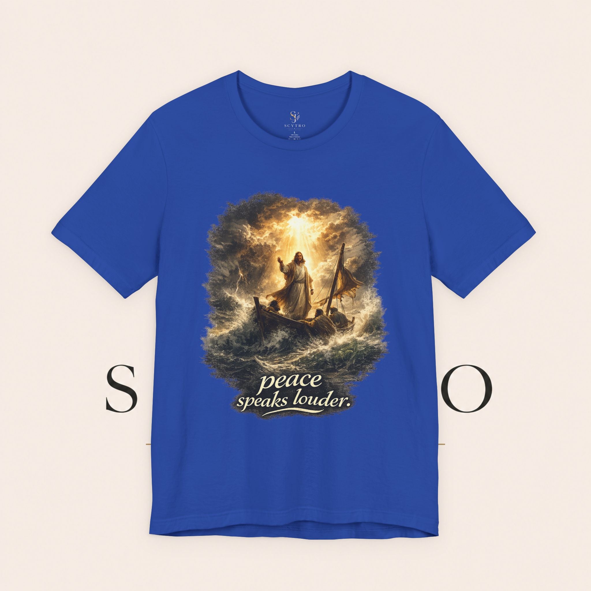 Peace Speaks Louder Christian T‑Shirt — Jesus Calming the Storm Faith Tee
