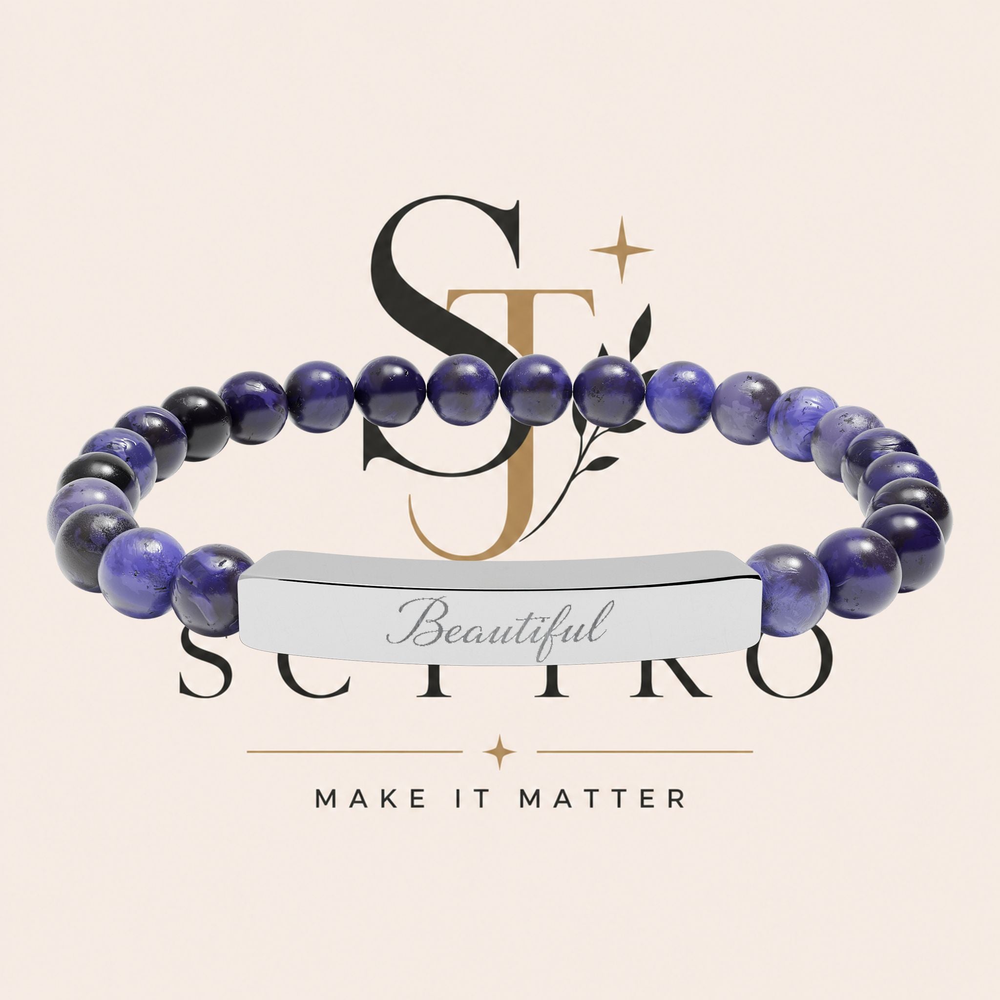 Engraved Natural Stone Bar Bracelet — Personalized Stretch Beaded Bracelet